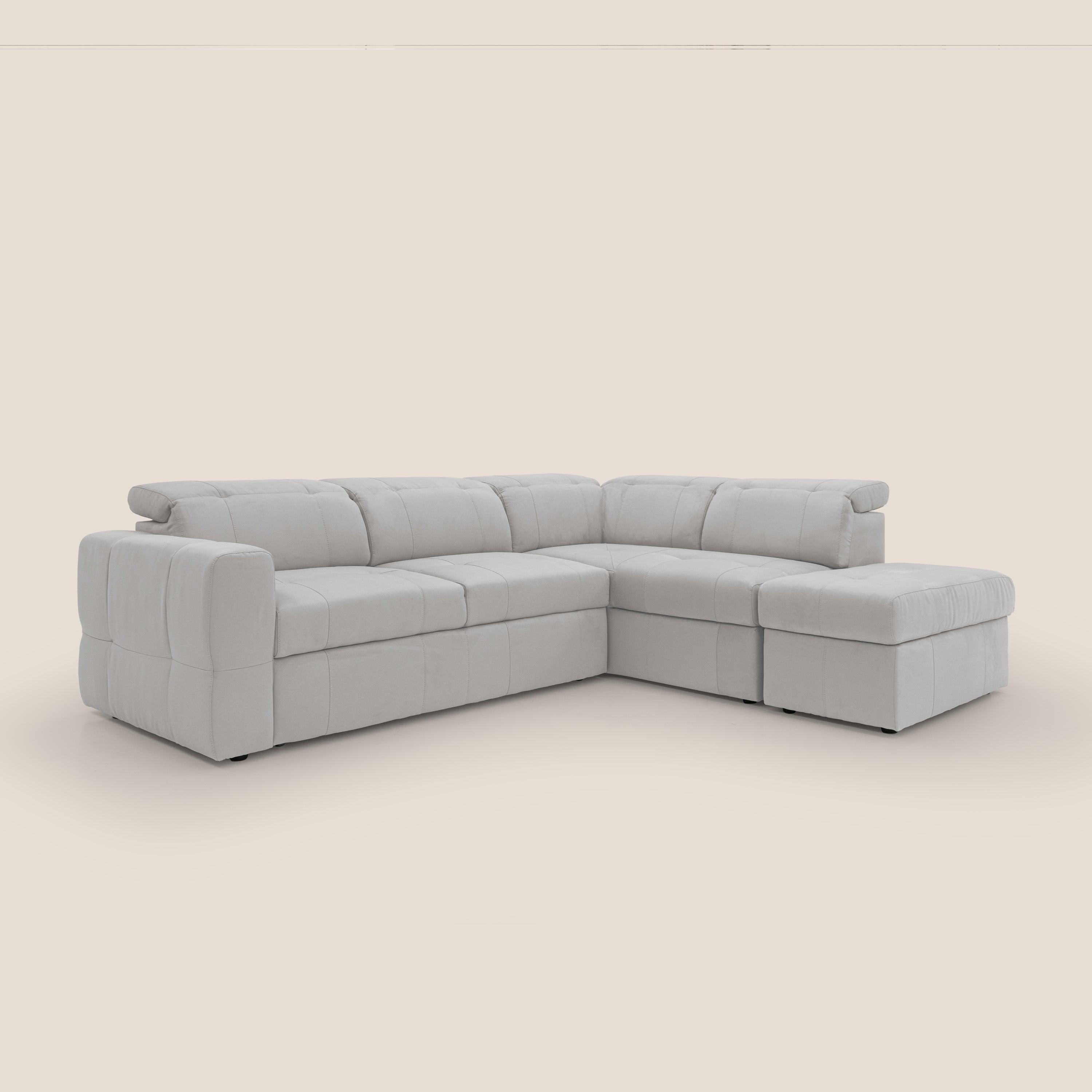 Kronos Divano angolare con poggiapiedi estraibile e pouf contenitore mobile in microfibra impermeabile T11 grigio chiaro - divitt.sbs