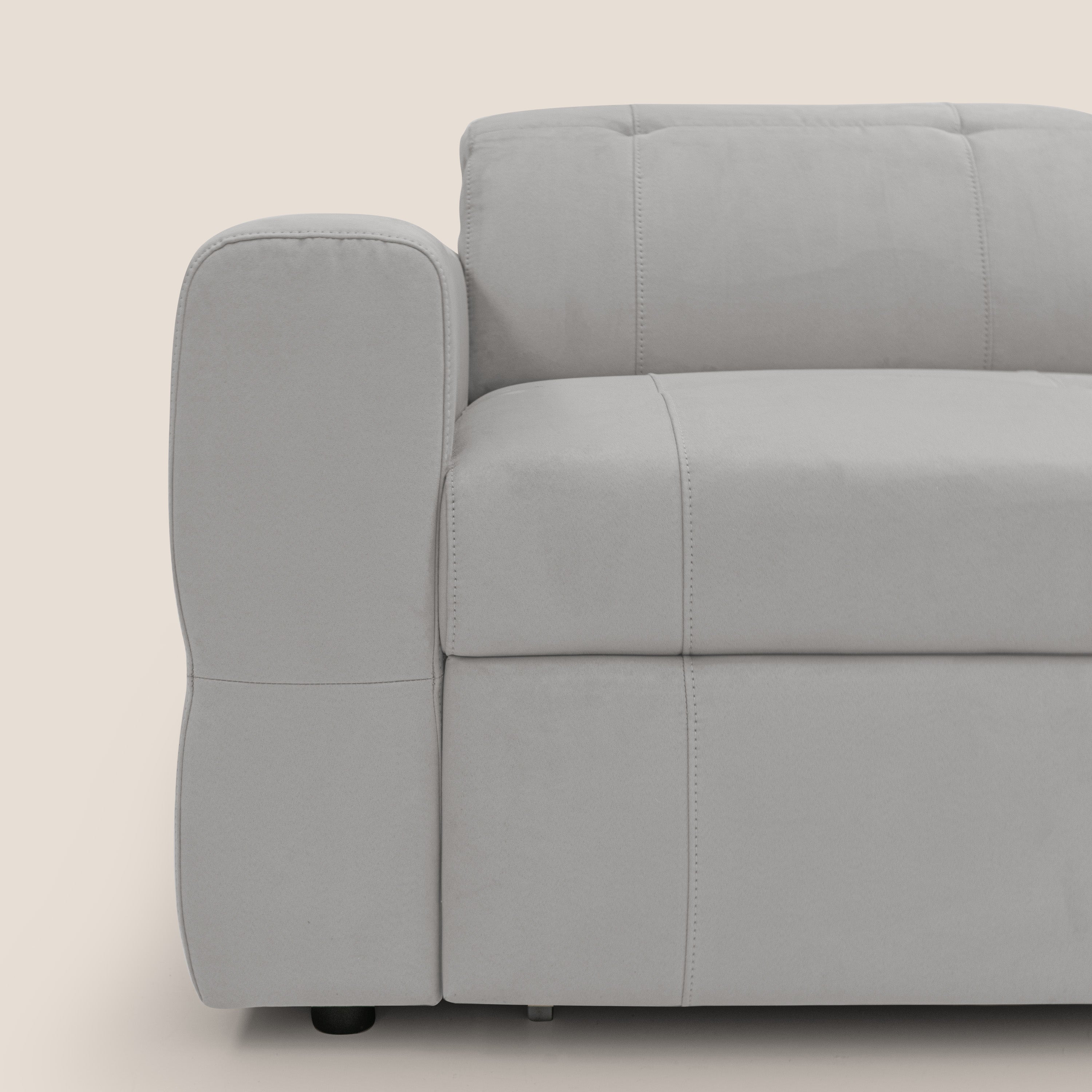Kronos Divano angolare con pouf estraibile e penisola contenitore in microfibra impermeabile T11 grigio chiaro - divitt.sbs