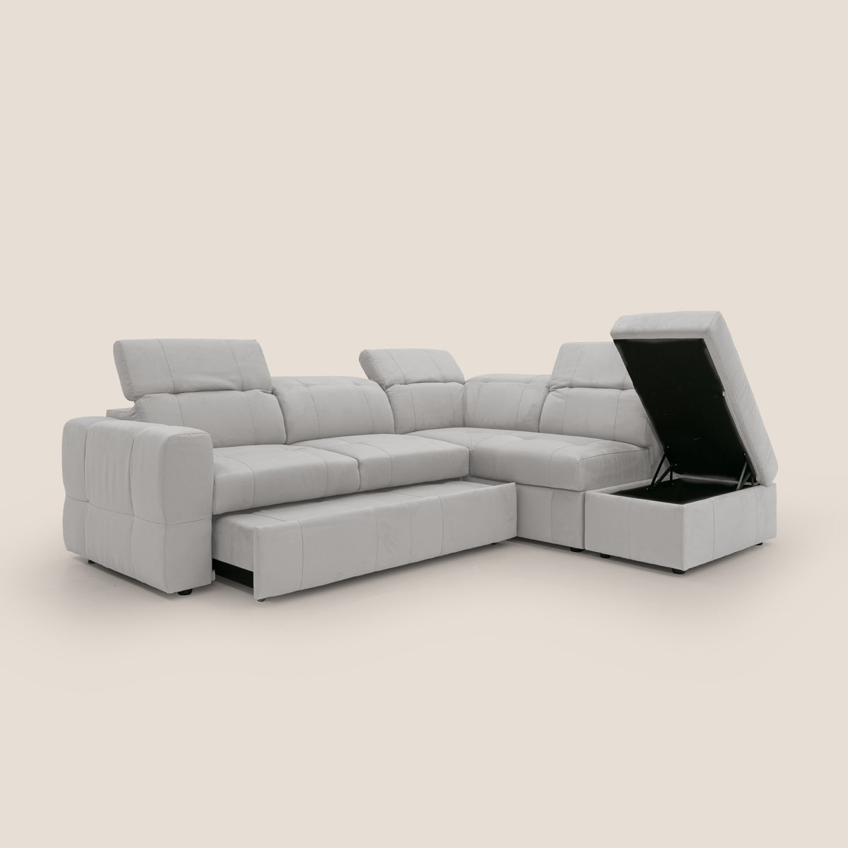 Kronos Divano angolare con poggiapiedi estraibile e pouf contenitore mobile in microfibra impermeabile T11 grigio chiaro - divitt.sbs