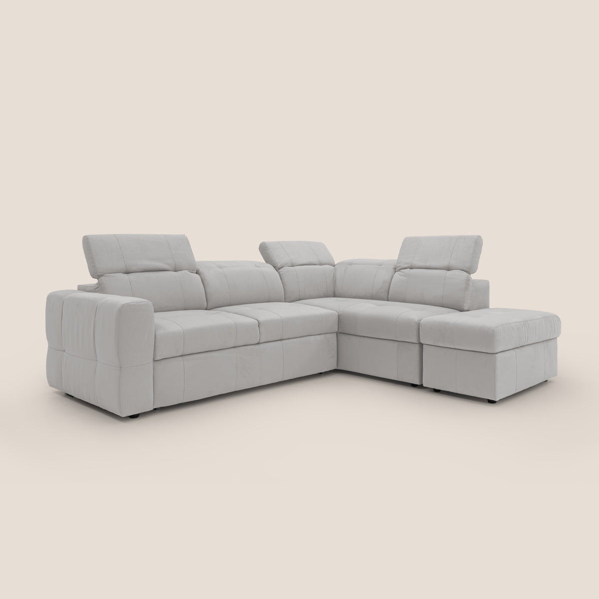 Kronos Divano angolare con poggiapiedi estraibile e pouf contenitore mobile in microfibra impermeabile T11 grigio chiaro - divitt.sbs