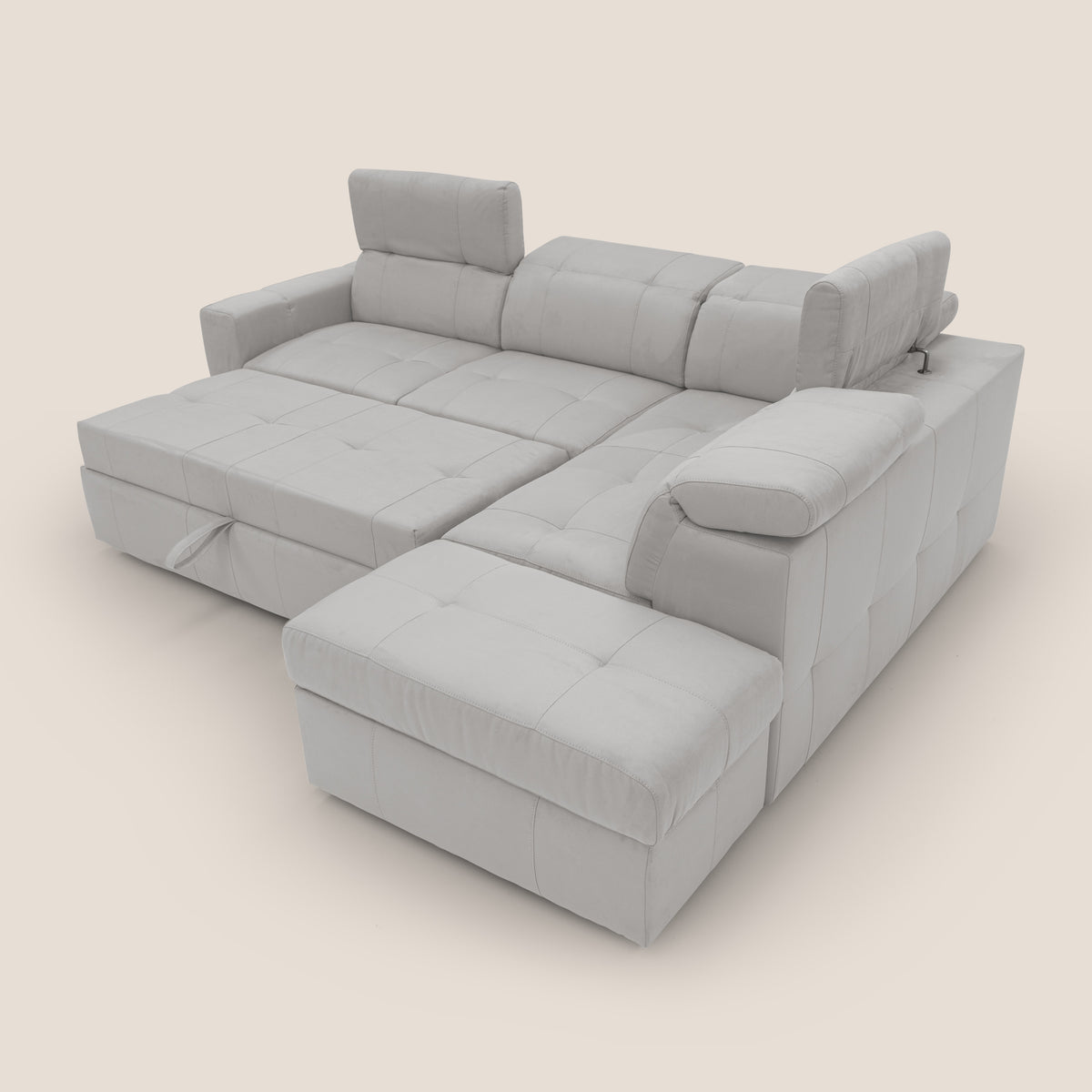 Kronos Divano angolare con poggiapiedi estraibile e pouf contenitore mobile in microfibra impermeabile T11 grigio chiaro - divitt.sbs