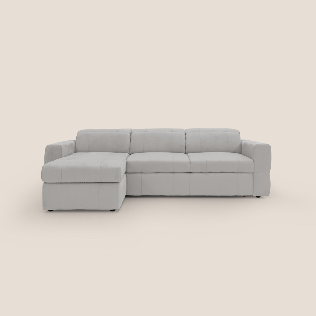 Kronos Divano angolare con pouf estraibile e penisola contenitore in microfibra impermeabile T11 grigio chiaro - divitt.sbs
