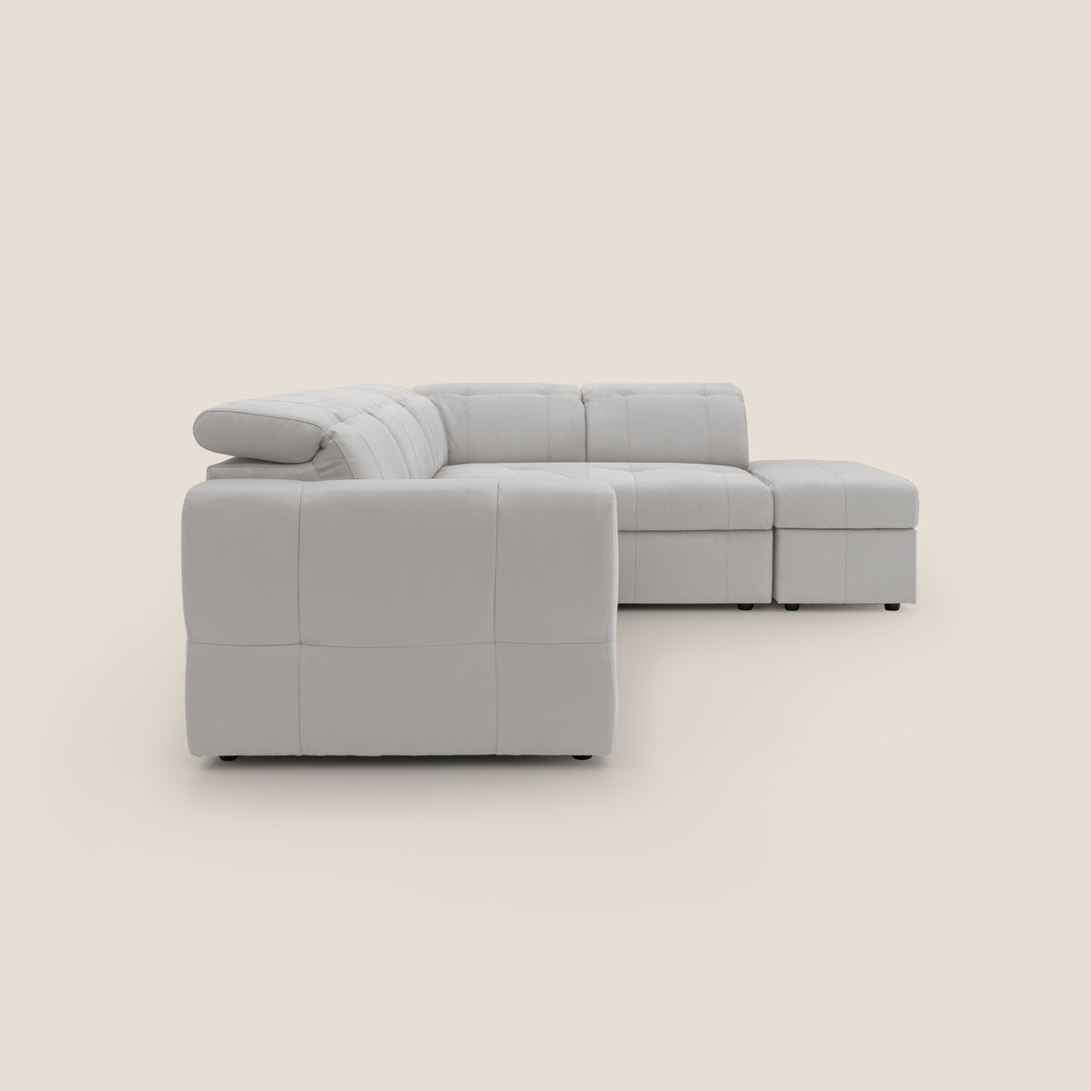 Kronos Divano angolare con poggiapiedi estraibile e pouf contenitore mobile in microfibra impermeabile T11 grigio chiaro - divitt.sbs