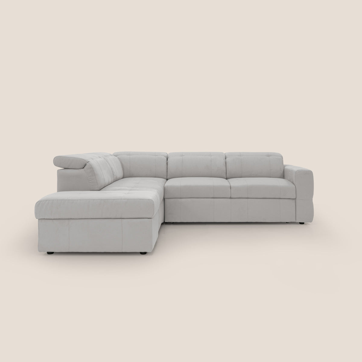 Kronos Divano angolare con poggiapiedi estraibile e pouf contenitore mobile in microfibra impermeabile T11 grigio chiaro - divitt.sbs