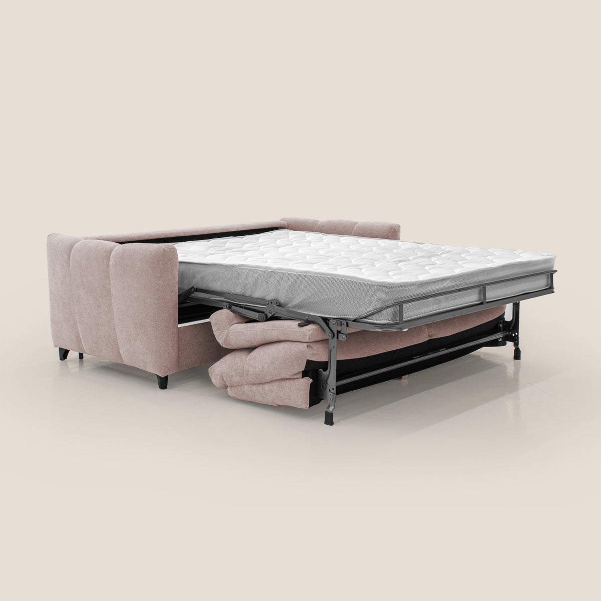 Peonia divano letto scandinavo con materasso H18 cm e morbido e alto schienale in tessuto Bouclé impermeabile T07 rosa - divitt.sbs
