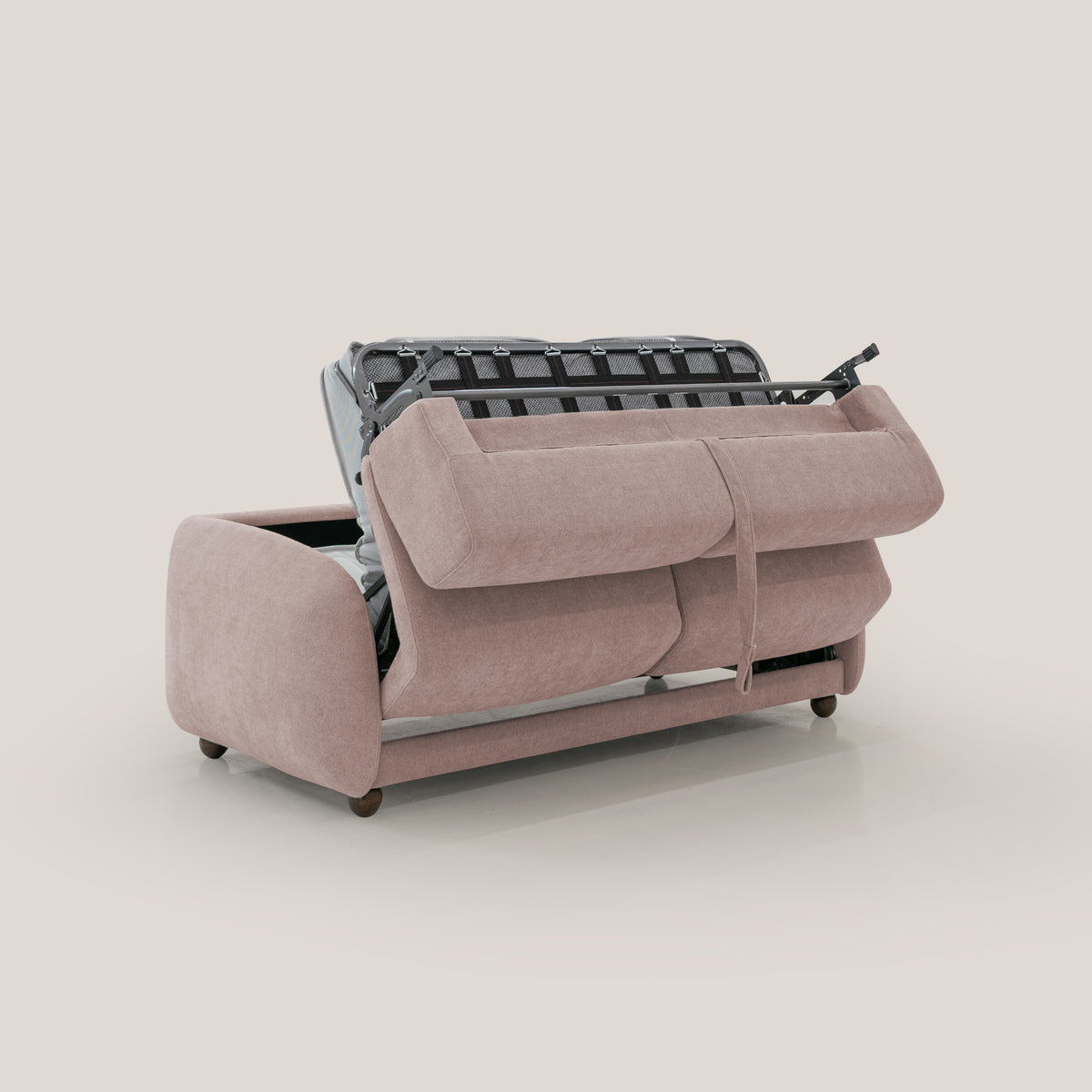 Giglio divano letto scandinavo japandi con materasso H18 cm in tessuto Bouclé impermeabile T07 rosa - divitt.sbs