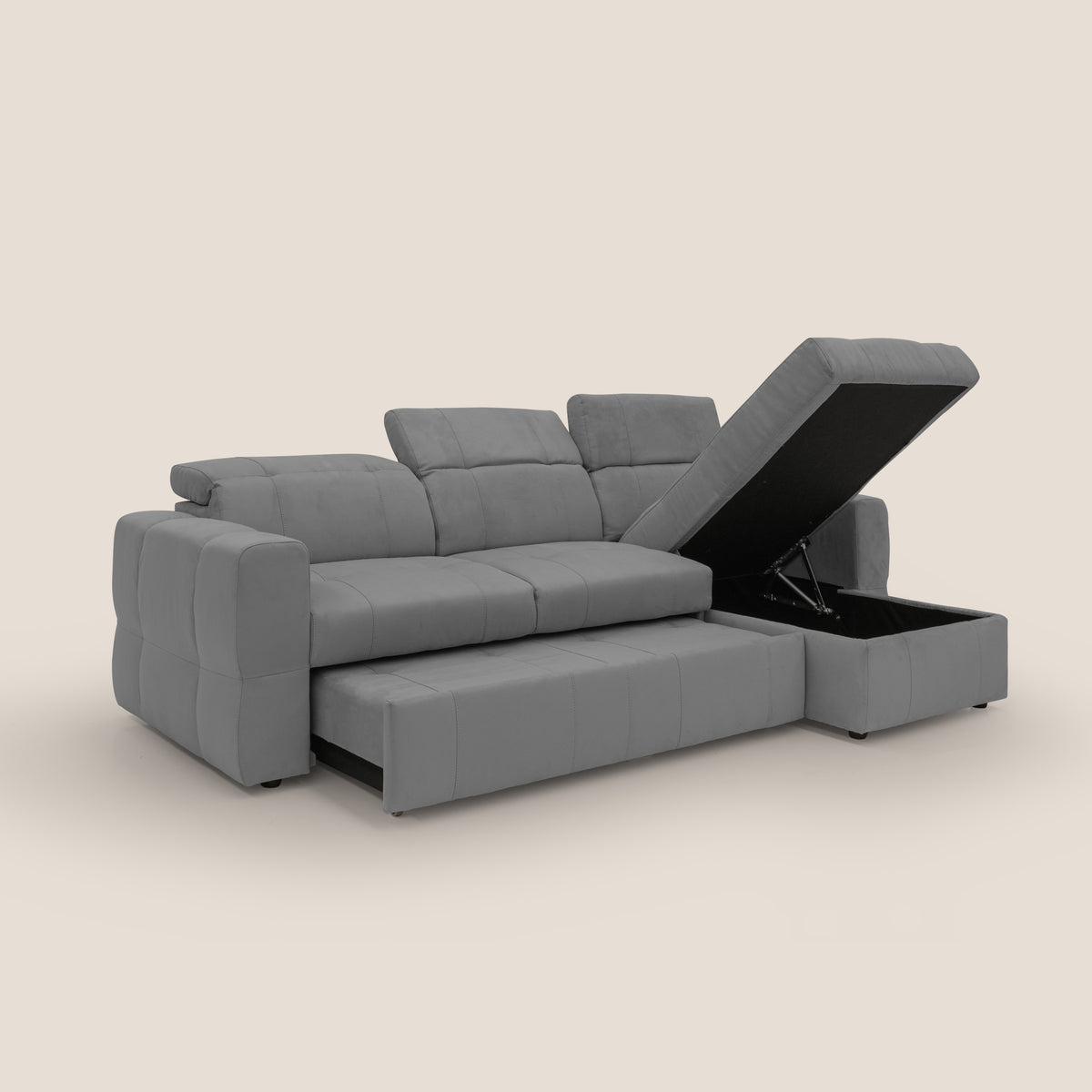 Kronos Divano angolare con pouf estraibile e penisola contenitore in microfibra impermeabile T11 grigio - divitt.sbs