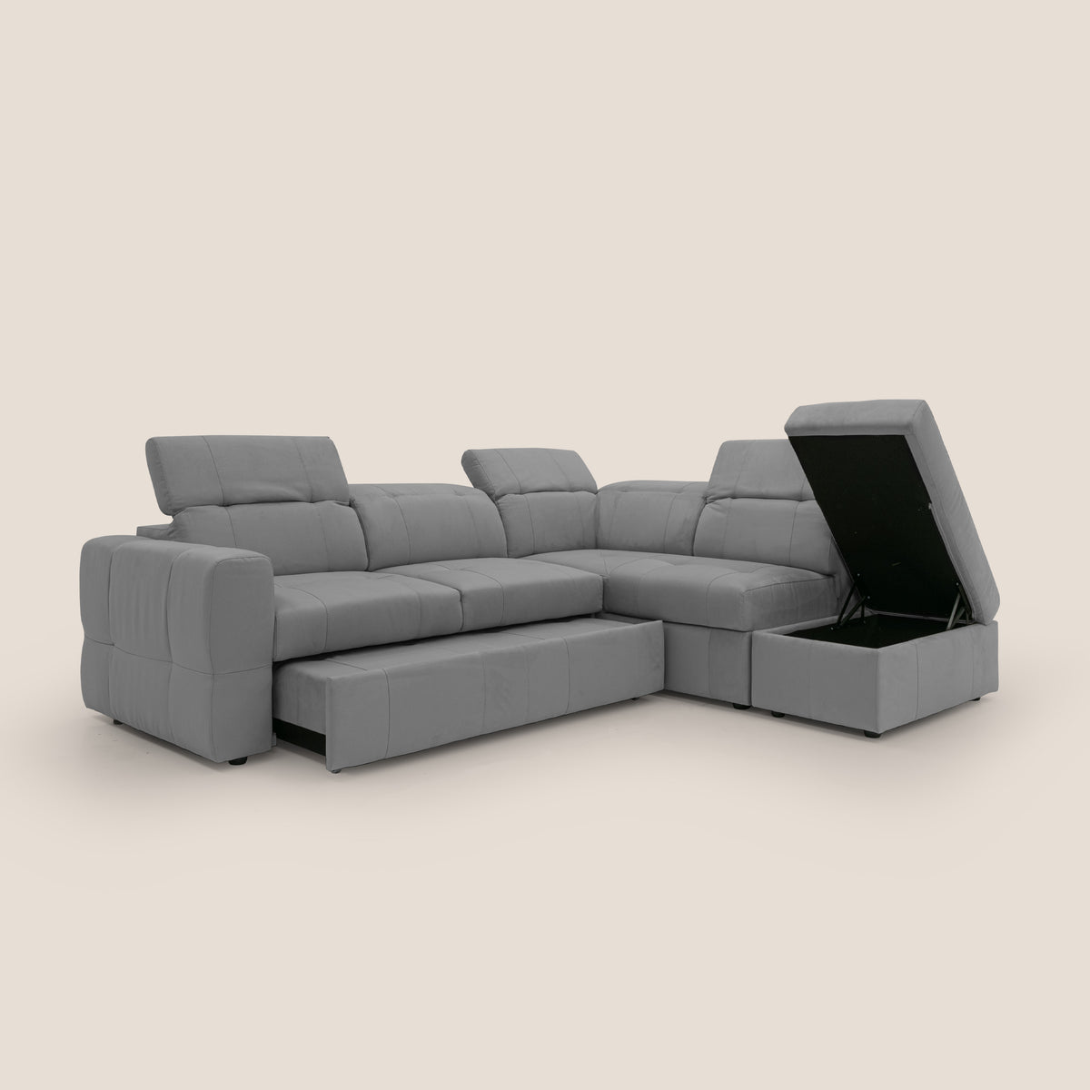 Kronos Divano angolare con poggiapiedi estraibile e pouf contenitore mobile in microfibra impermeabile T11 grigio - divitt.sbs