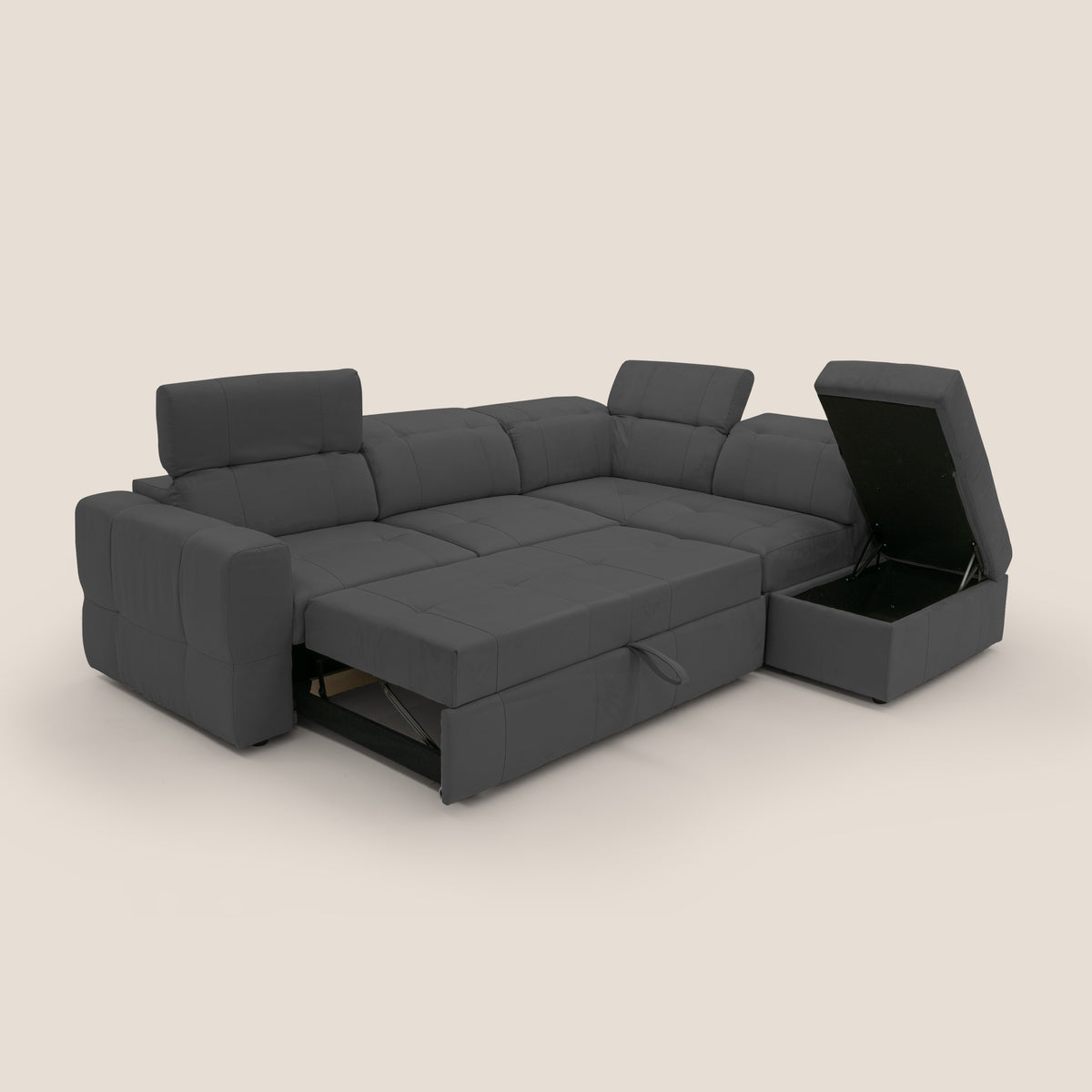 Kronos Divano angolare con poggiapiedi estraibile e pouf contenitore mobile in microfibra impermeabile T11 nero - divitt.sbs