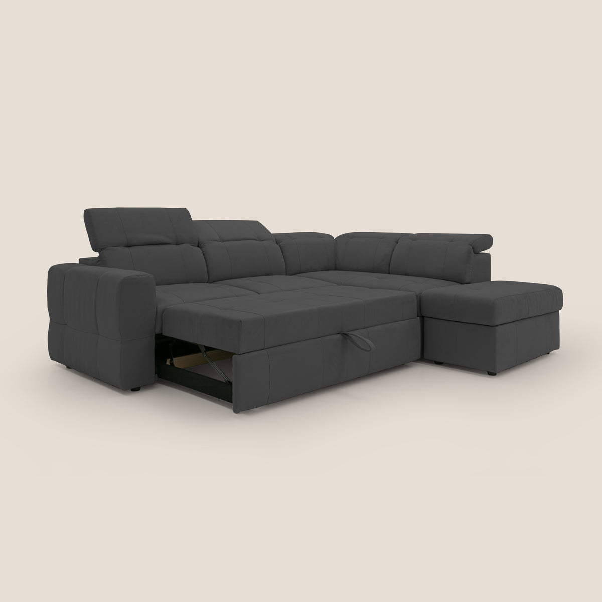 Kronos Divano angolare con poggiapiedi estraibile e pouf contenitore mobile in microfibra impermeabile T11 nero - divitt.sbs