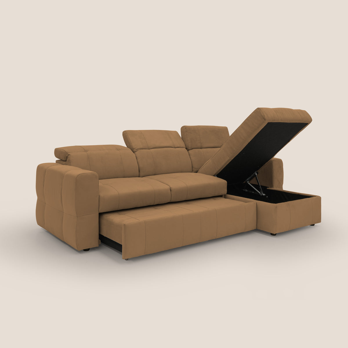 Kronos Divano angolare con pouf estraibile e penisola contenitore in microfibra impermeabile T11 cuoio - divitt.sbs