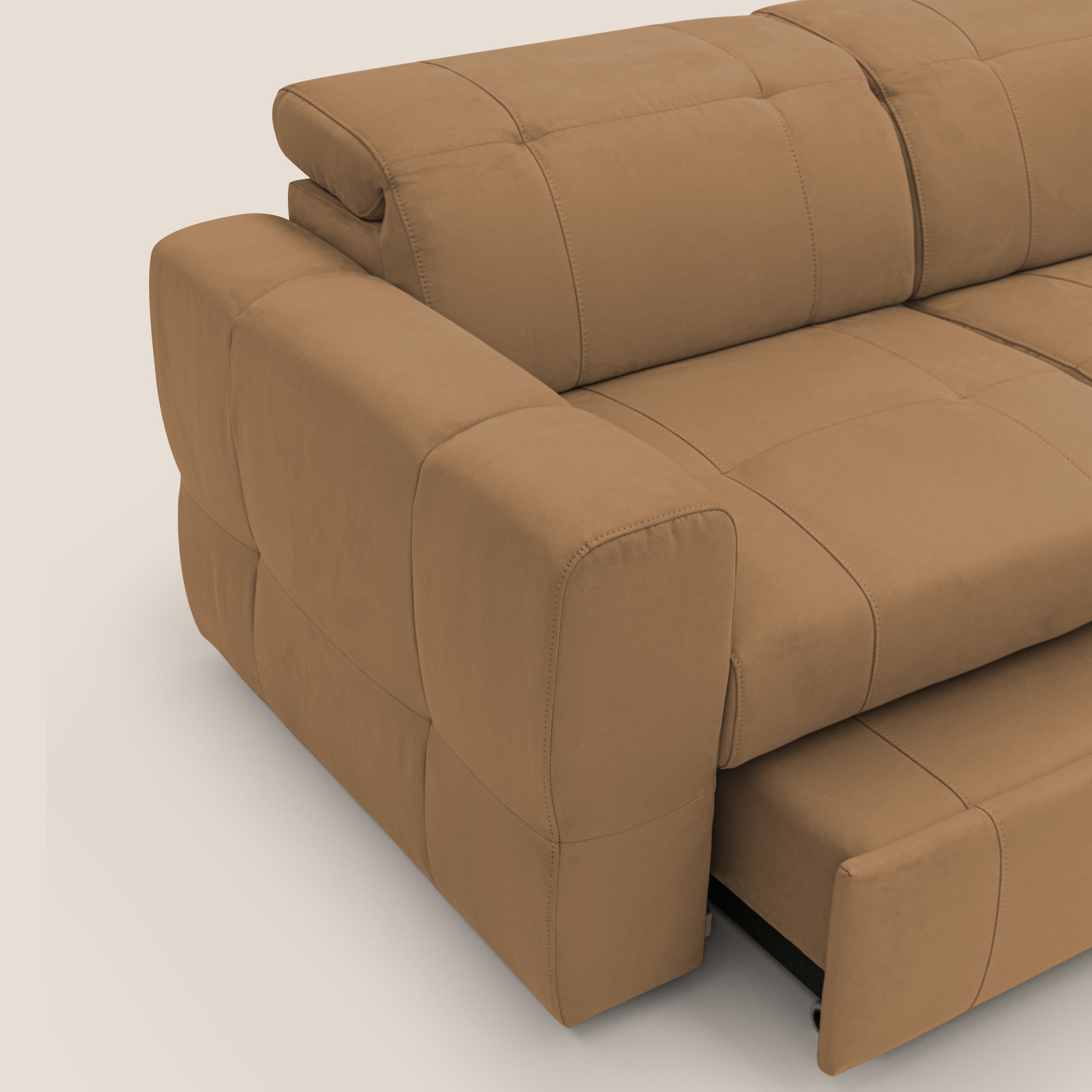 Kronos Divano angolare con pouf estraibile e penisola contenitore in microfibra impermeabile T11 cuoio - divitt.sbs