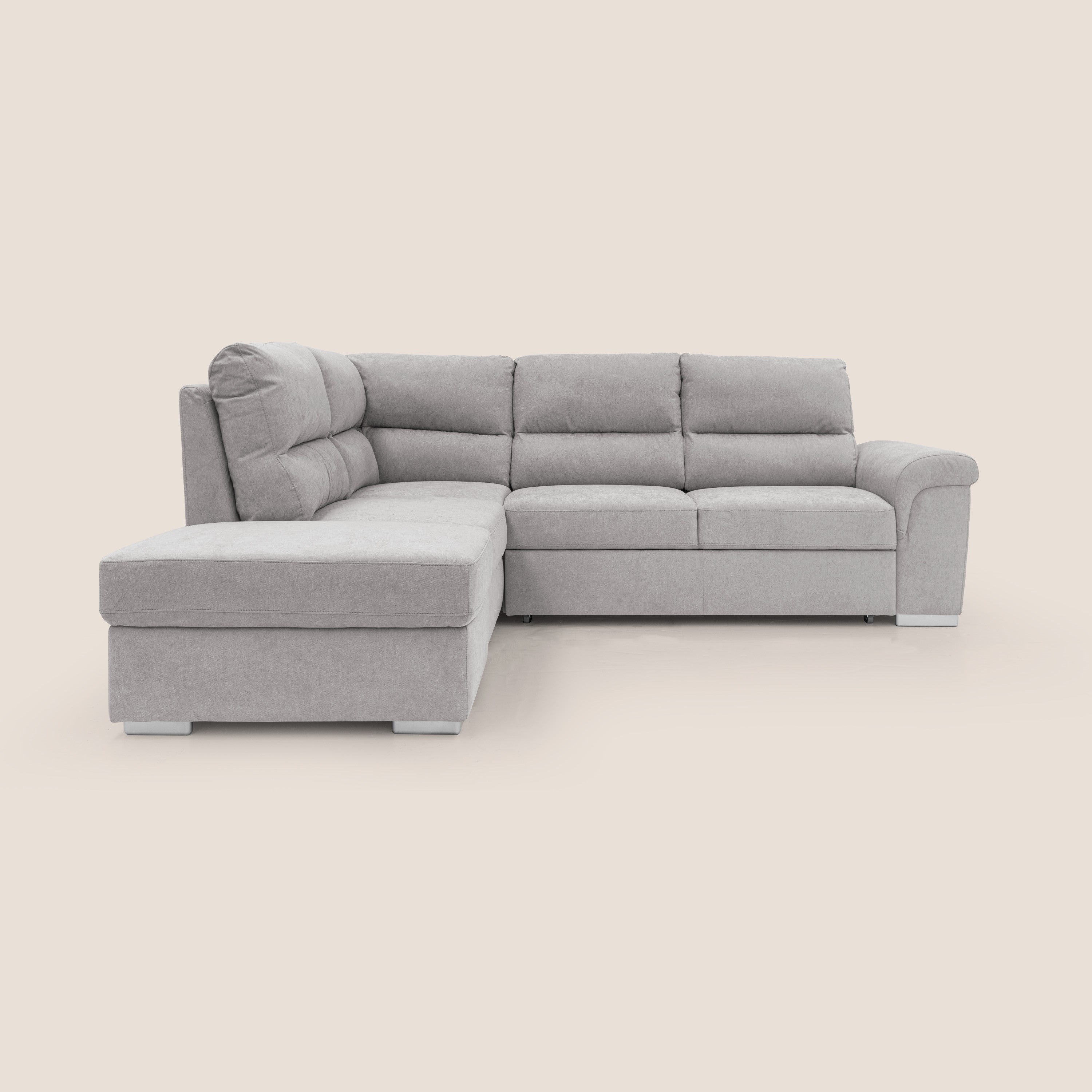 Minerva divano angolare con estraibile a cassettone e pouf contenitore in tessuto morbido impermeabile T02 grigio chiaro - divitt.sbs