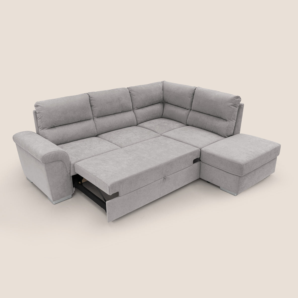 Minerva divano angolare con estraibile a cassettone e pouf contenitore in tessuto morbido impermeabile T02 grigio chiaro - divitt.sbs