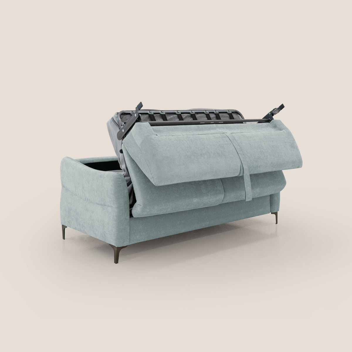 Dalia divano letto con materasso H18 cm e piedi alti in raffinato tessuto smacchiabile T17 verde acqua - divitt.sbs