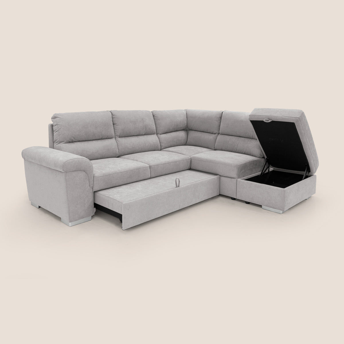 Minerva divano angolare con estraibile a cassettone e pouf contenitore in tessuto morbido impermeabile T02 grigio chiaro - divitt.sbs