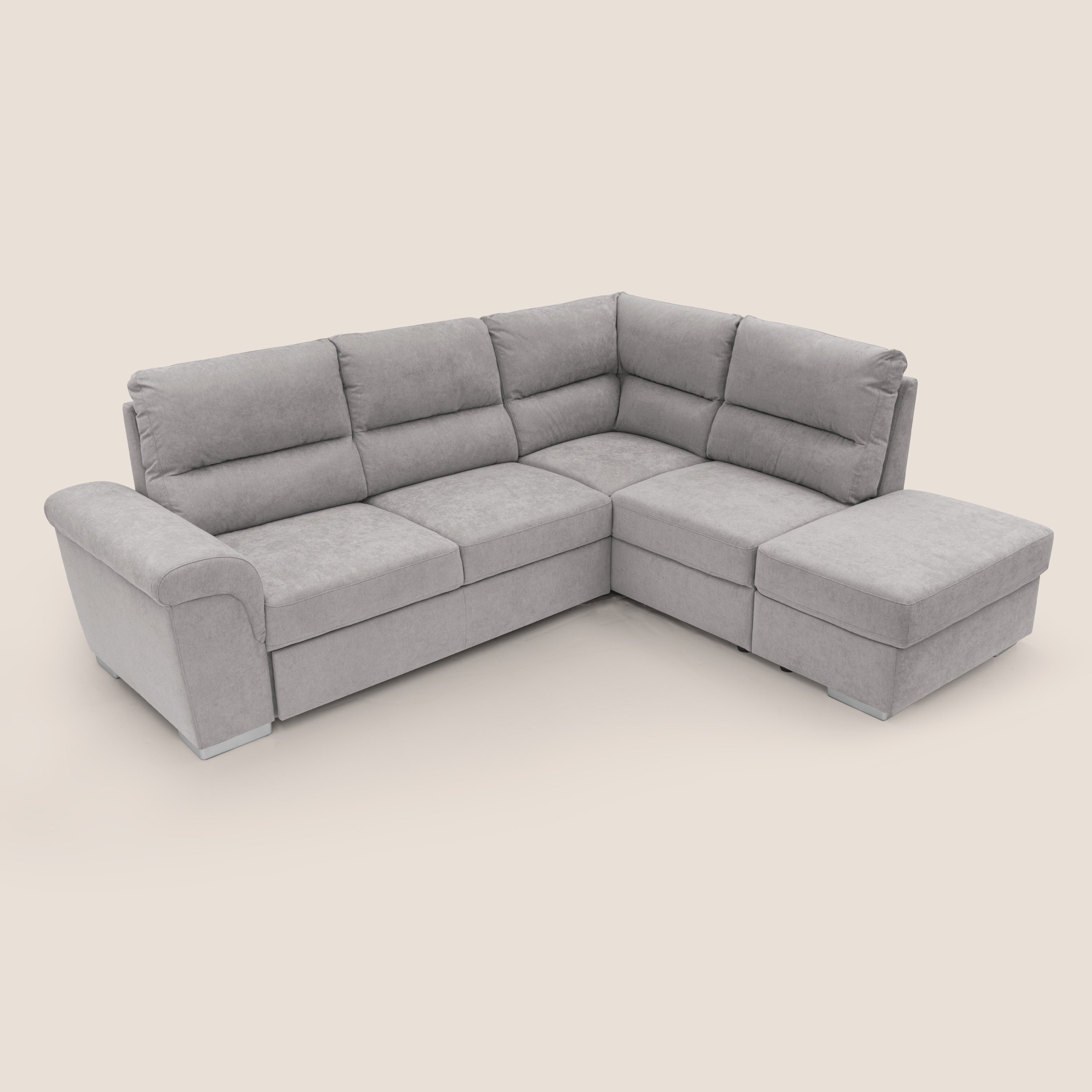 Minerva divano angolare con estraibile a cassettone e pouf contenitore in tessuto morbido impermeabile T02 grigio chiaro - divitt.sbs