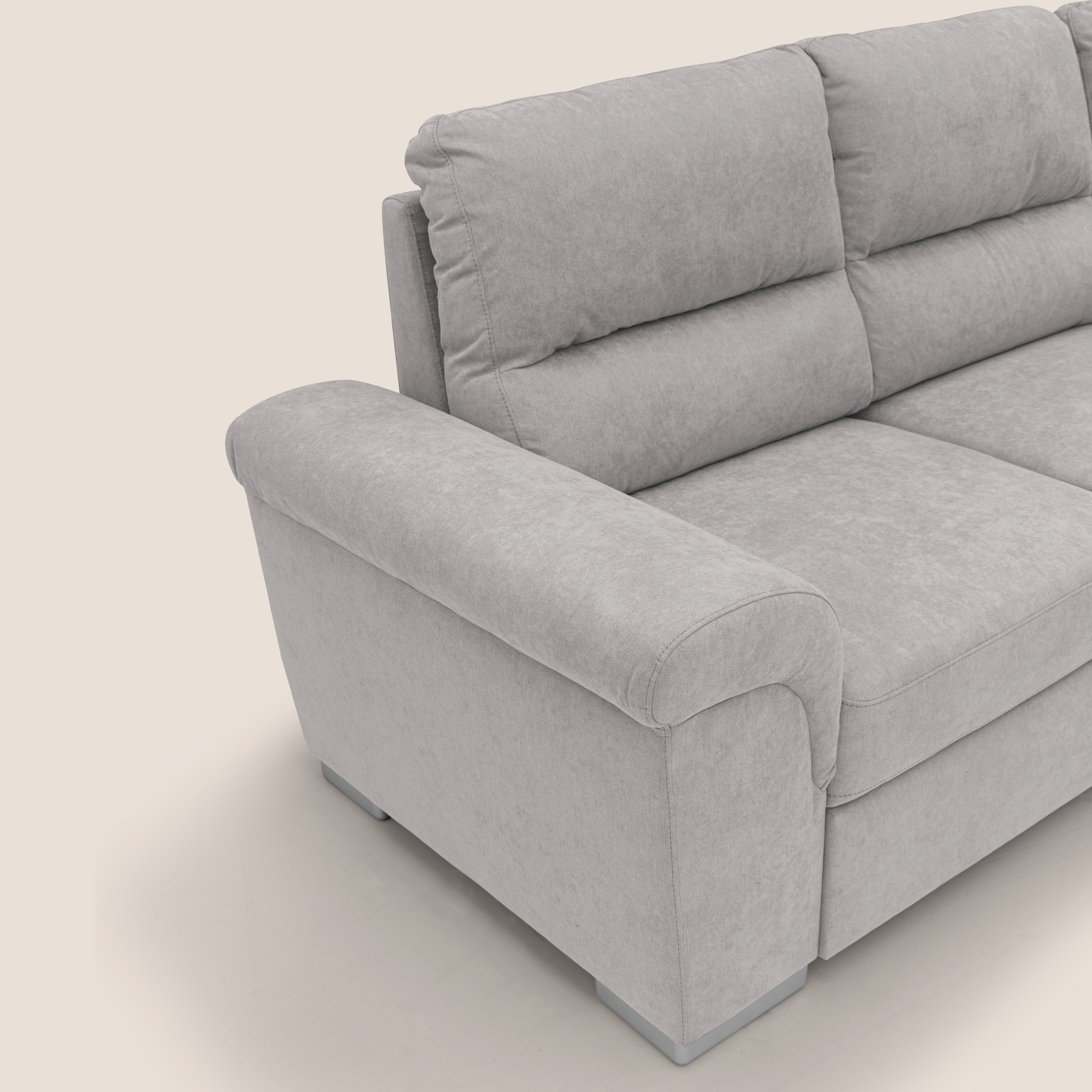 Minerva divano angolare con estraibile a cassettone e pouf contenitore in tessuto morbido impermeabile T02 grigio chiaro - divitt.sbs