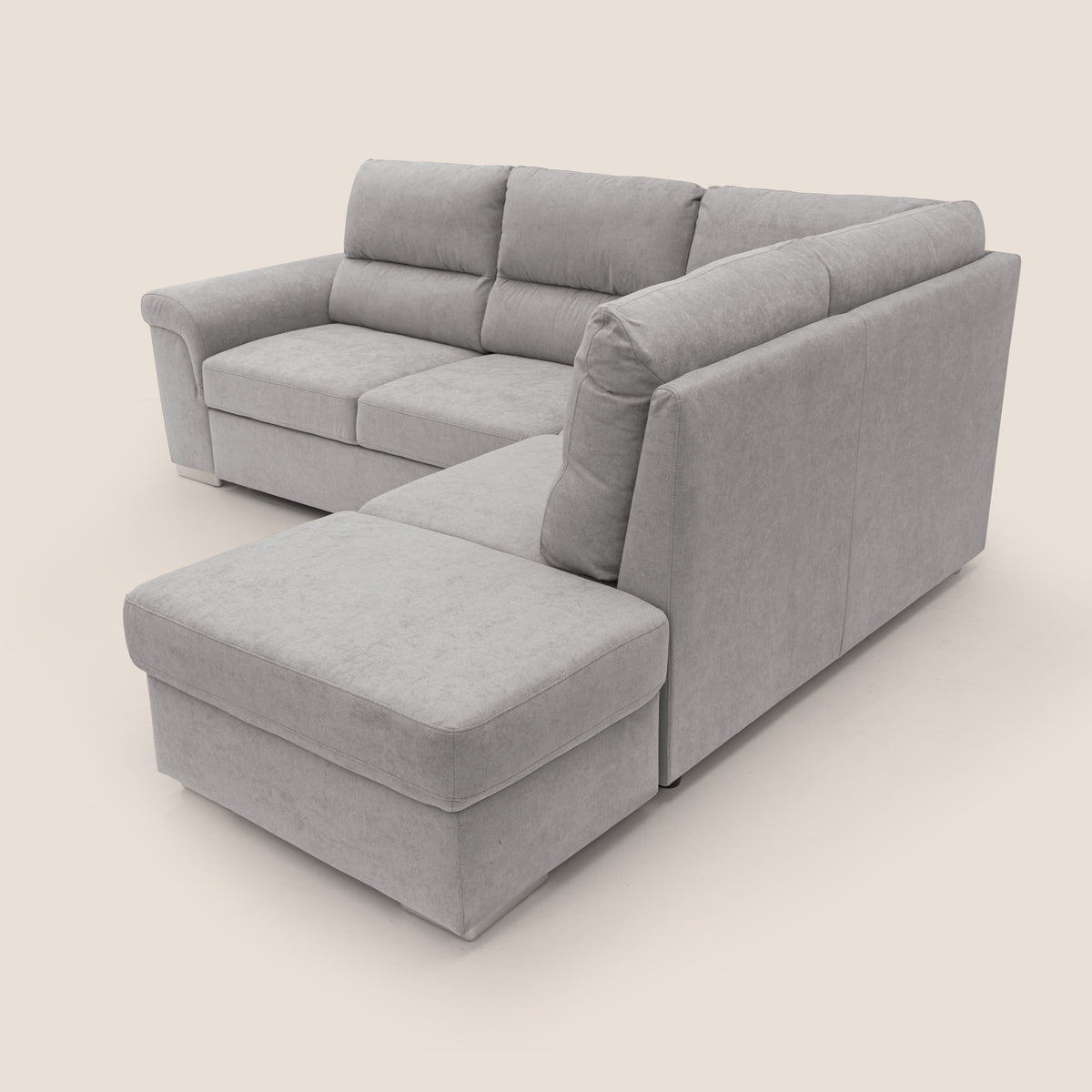 Minerva divano angolare con estraibile a cassettone e pouf contenitore in tessuto morbido impermeabile T02 grigio chiaro - divitt.sbs