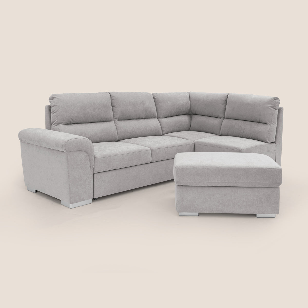 Minerva divano angolare con estraibile a cassettone e pouf contenitore in tessuto morbido impermeabile T02 grigio chiaro - divitt.sbs