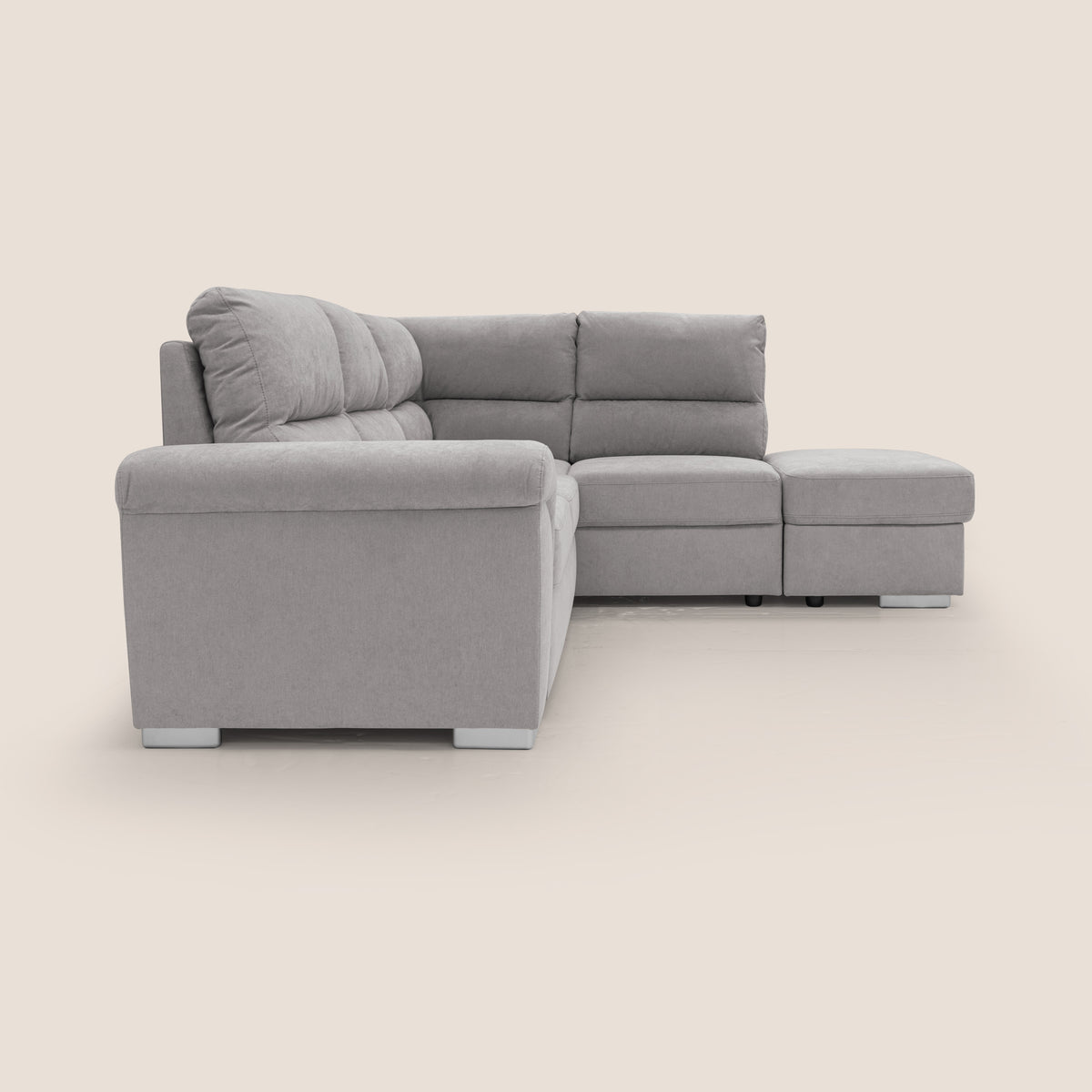 Minerva divano angolare con estraibile a cassettone e pouf contenitore in tessuto morbido impermeabile T02 grigio chiaro - divitt.sbs