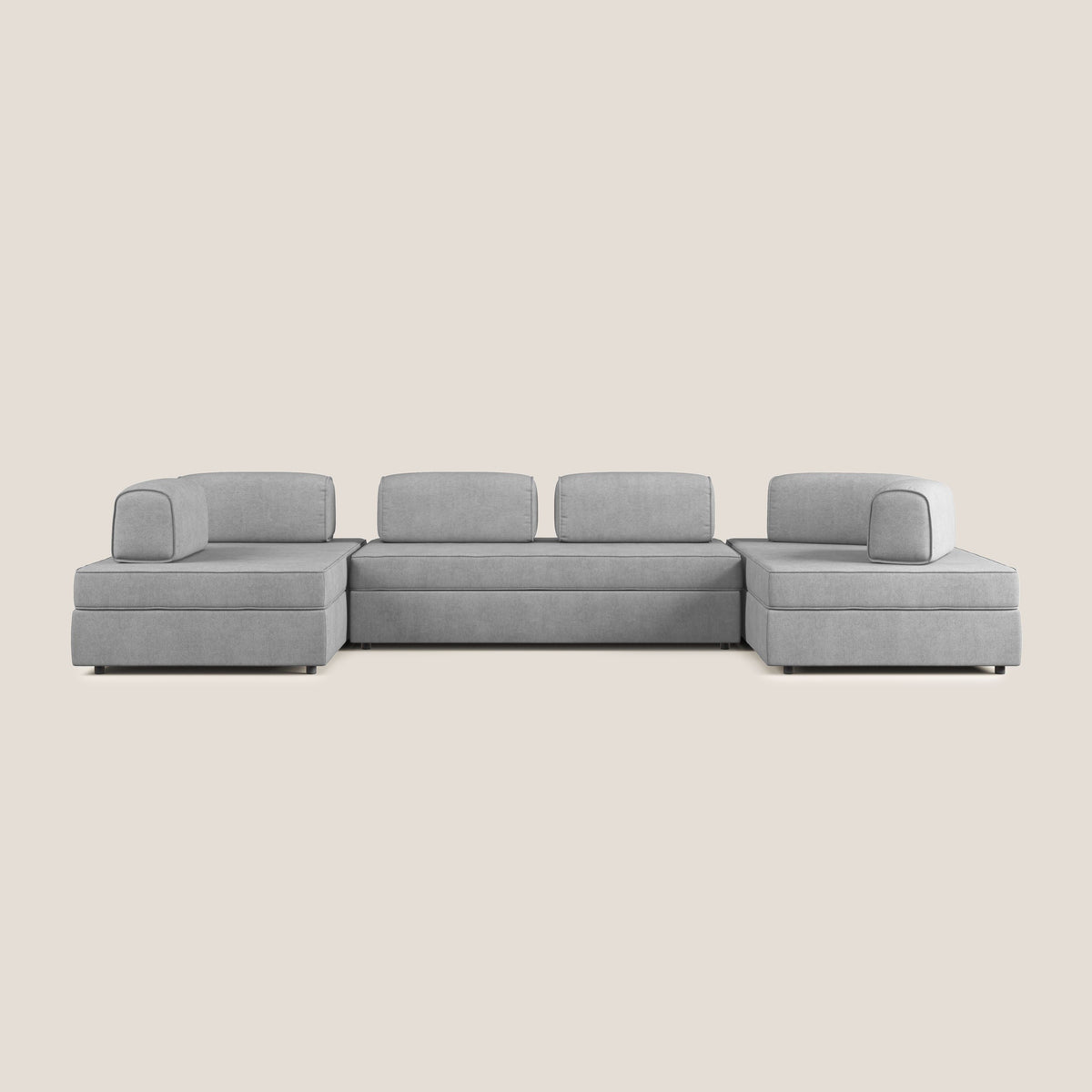 Liberty divano panoramico con pouf estraibile e schienali movibili in tessuto morbido impermeabile T02 grigio chiaro - divitt.sbs