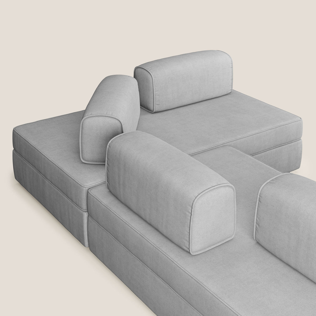 Liberty divano angolare con pouf estraibile e schienali movibili in tessuto morbido impermeabile T02 grigio chiaro - divitt.sbs