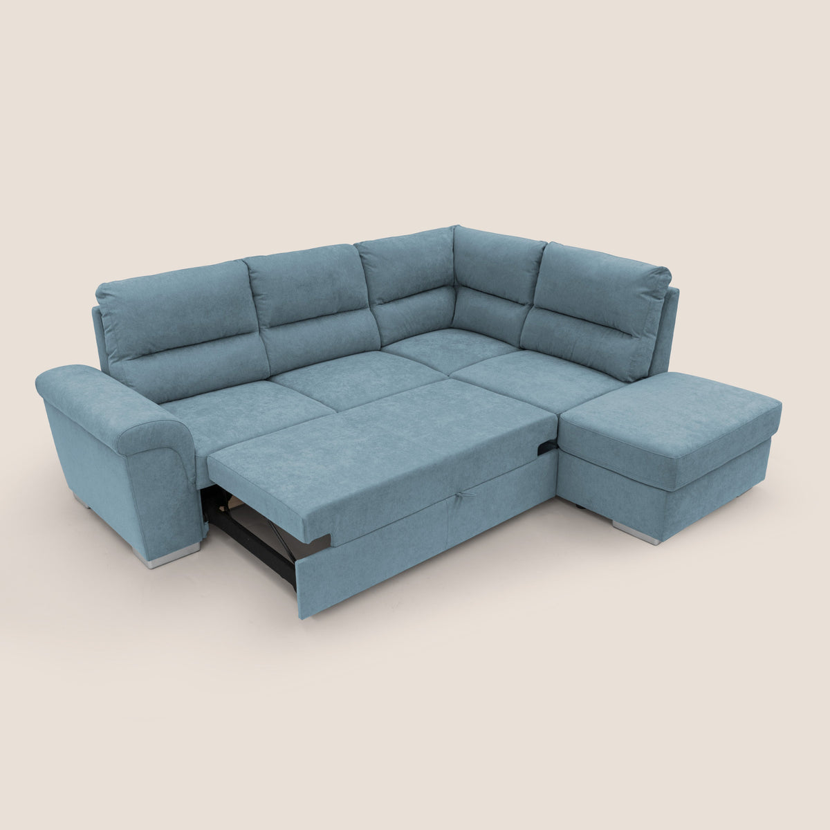 Minerva divano angolare con estraibile a cassettone e pouf contenitore in tessuto morbido impermeabile T02 carta da zucchero - divitt.sbs