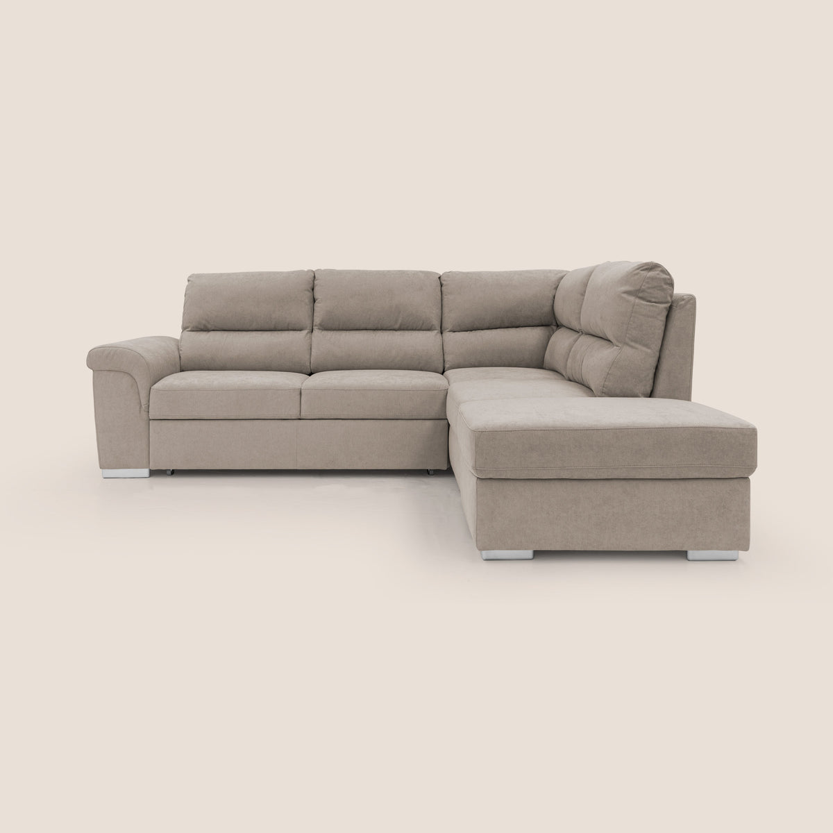 Minerva divano angolare con estraibile a cassettone e pouf contenitore in tessuto morbido impermeabile T02 beige - divitt.sbs