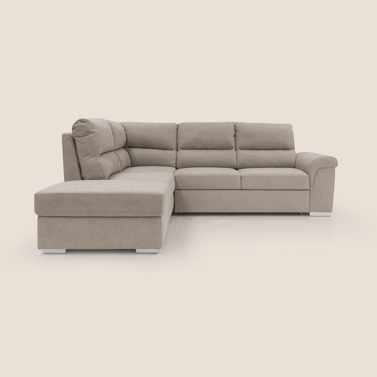 Minerva divano angolare con estraibile a cassettone e pouf contenitore in tessuto morbido impermeabile T02 beige - divitt.sbs