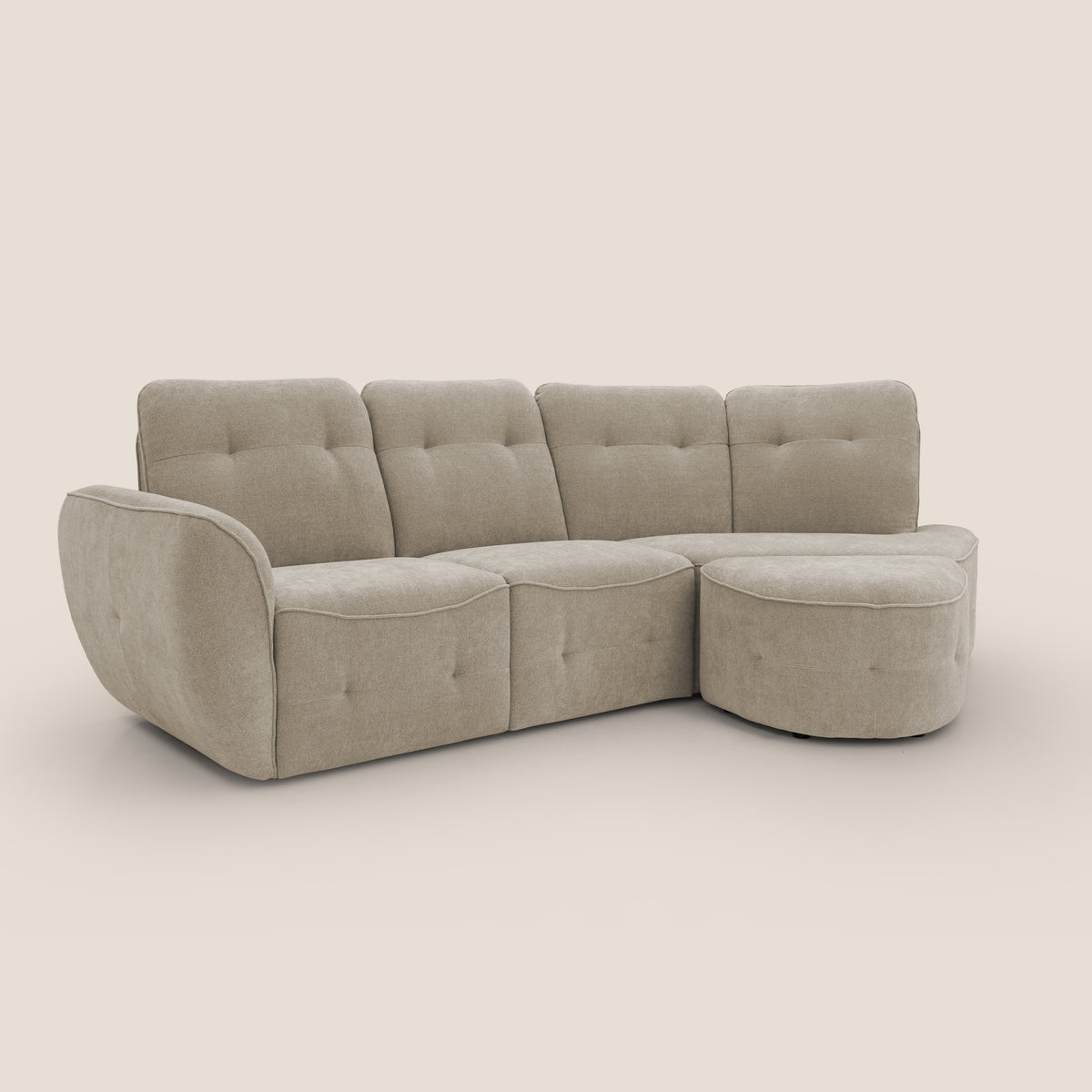 Cerbero divano angolare con pouf mobile in morbido bouclé impermeabile T07 beige - divitt.sbs