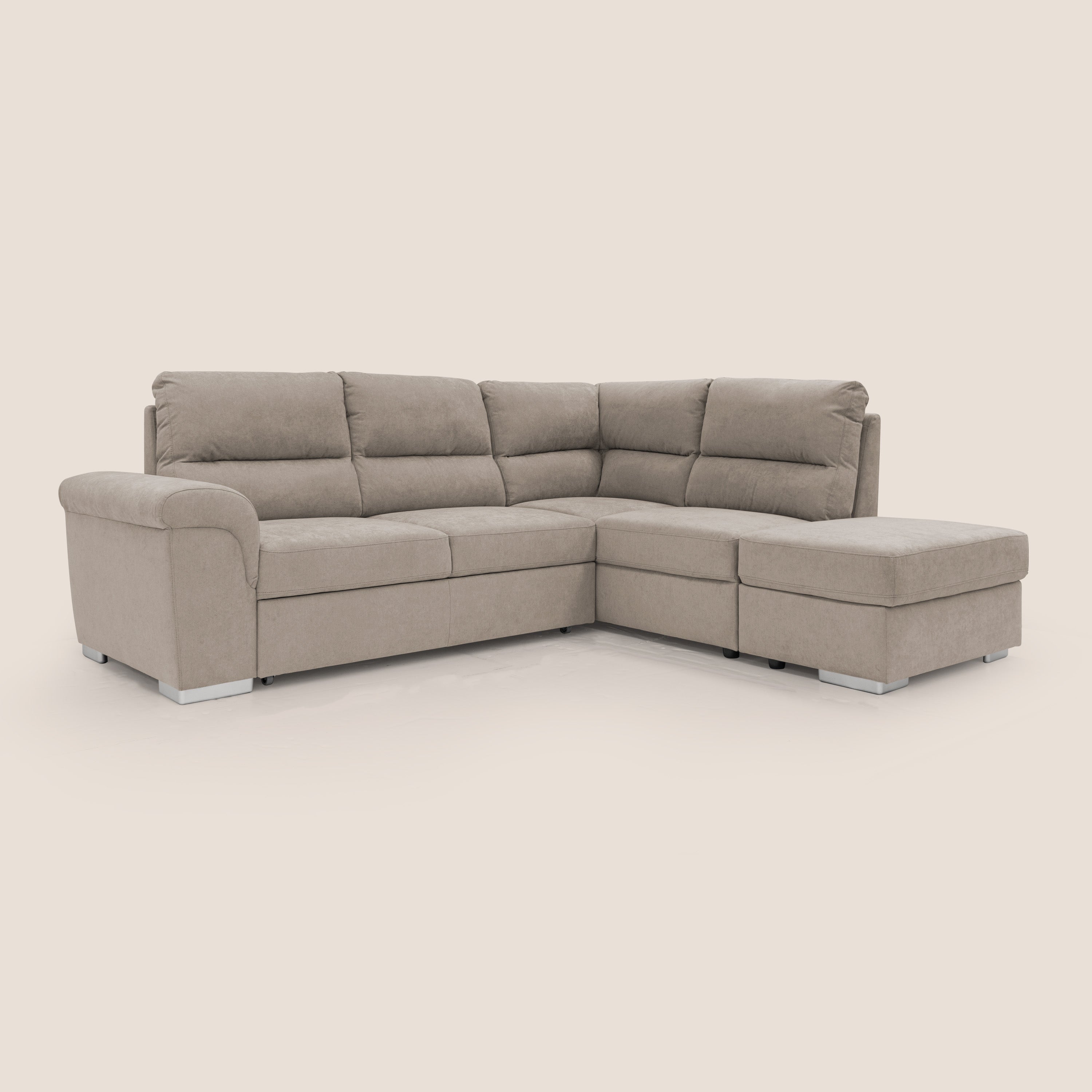 Minerva divano angolare con estraibile a cassettone e pouf contenitore in tessuto morbido impermeabile T02 beige - divitt.sbs