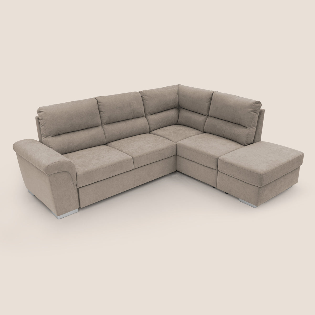 Minerva divano angolare con estraibile a cassettone e pouf contenitore in tessuto morbido impermeabile T02 beige - divitt.sbs