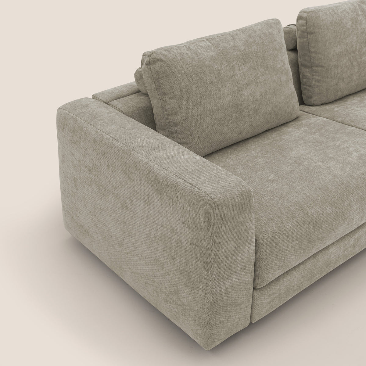 Freia Divano letto minimal materasso h15 cm con morbidi schienali in tessuto impermeabile T14 tortora - divitt.sbs