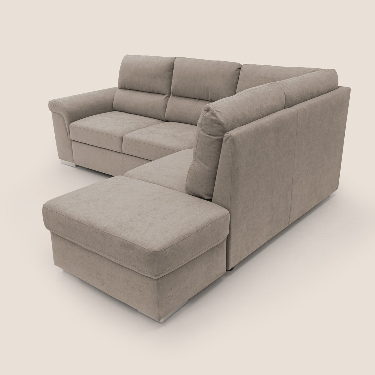 Minerva divano angolare con estraibile a cassettone e pouf contenitore in tessuto morbido impermeabile T02 beige - divitt.sbs