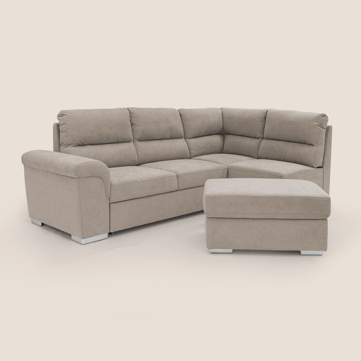Minerva divano angolare con estraibile a cassettone e pouf contenitore in tessuto morbido impermeabile T02 beige - divitt.sbs