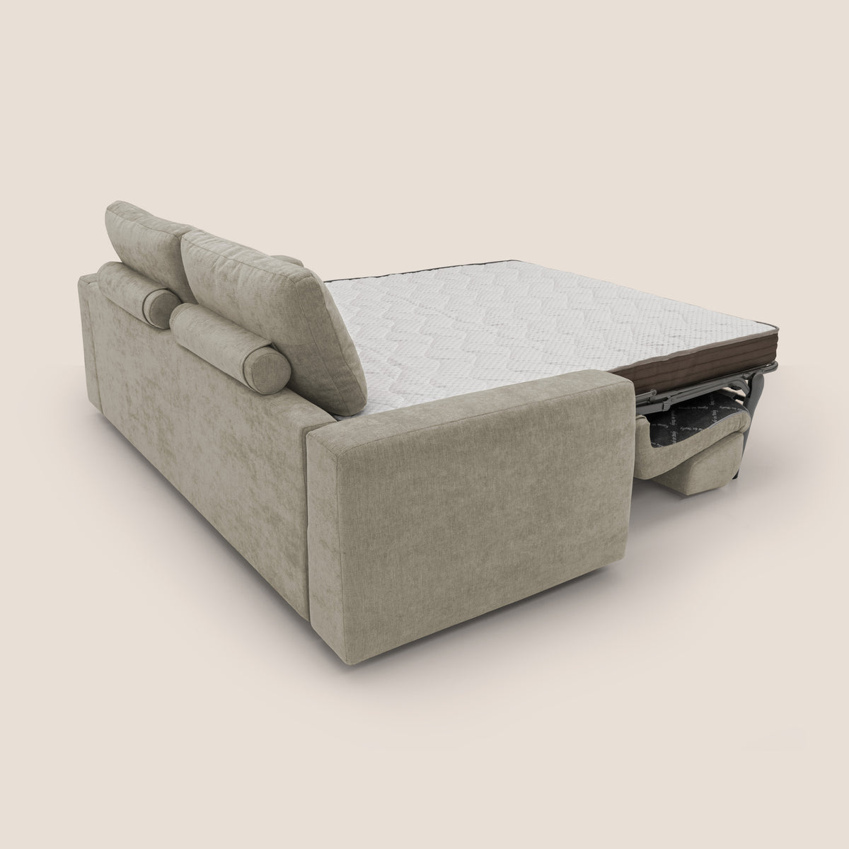 Freia Divano letto minimal materasso h15 cm con morbidi schienali in tessuto impermeabile T14 tortora - divitt.sbs