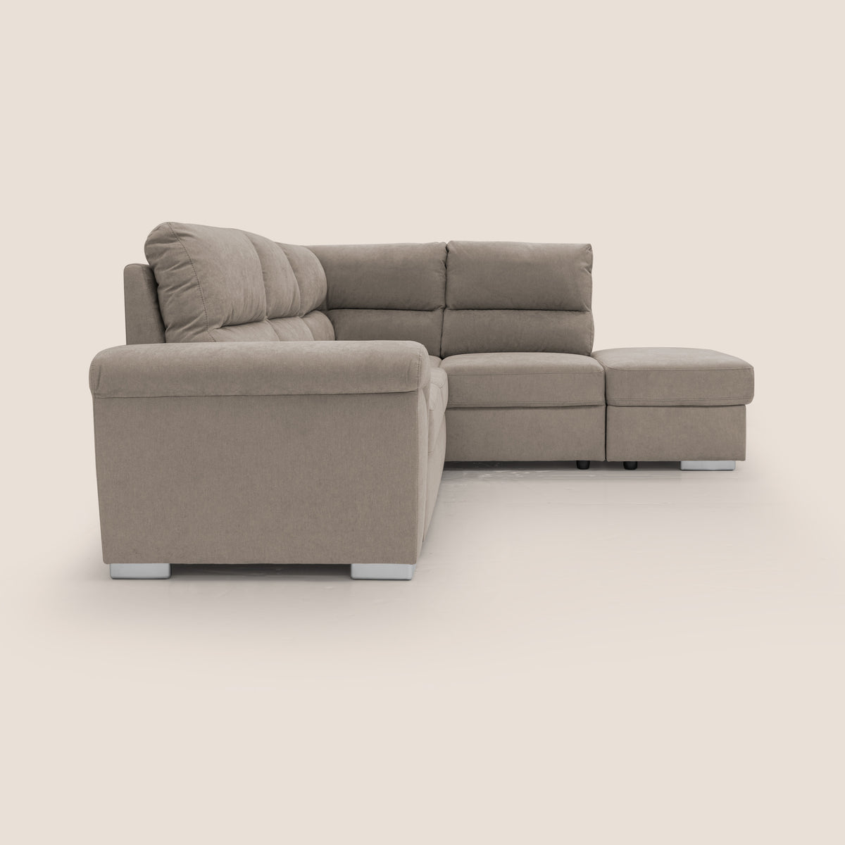 Minerva divano angolare con estraibile a cassettone e pouf contenitore in tessuto morbido impermeabile T02 beige - divitt.sbs