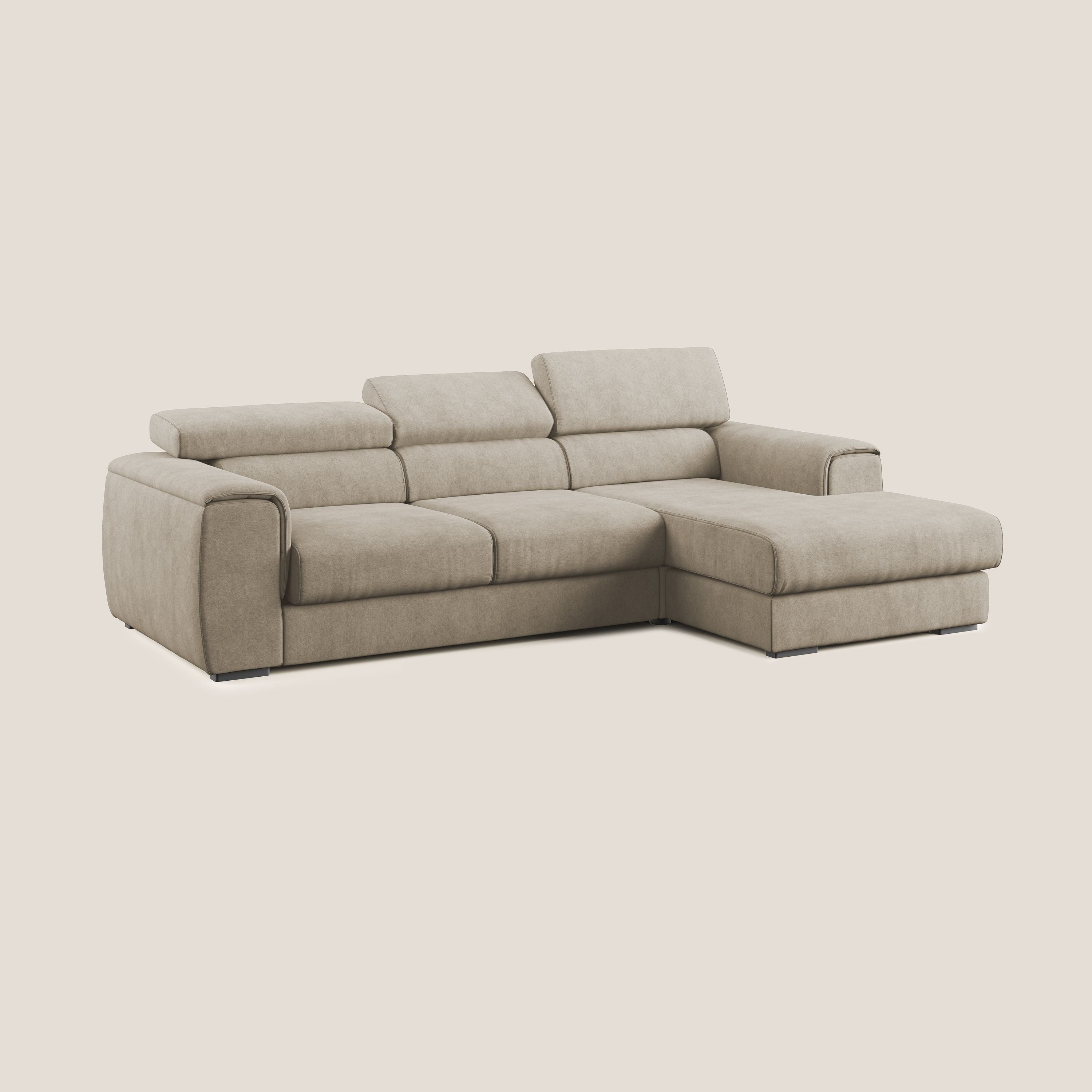 Zeno Divano angolare con pouf estraibile poggiapiedi in tessuto morbido impermeabile T02 beige - divitt.sbs