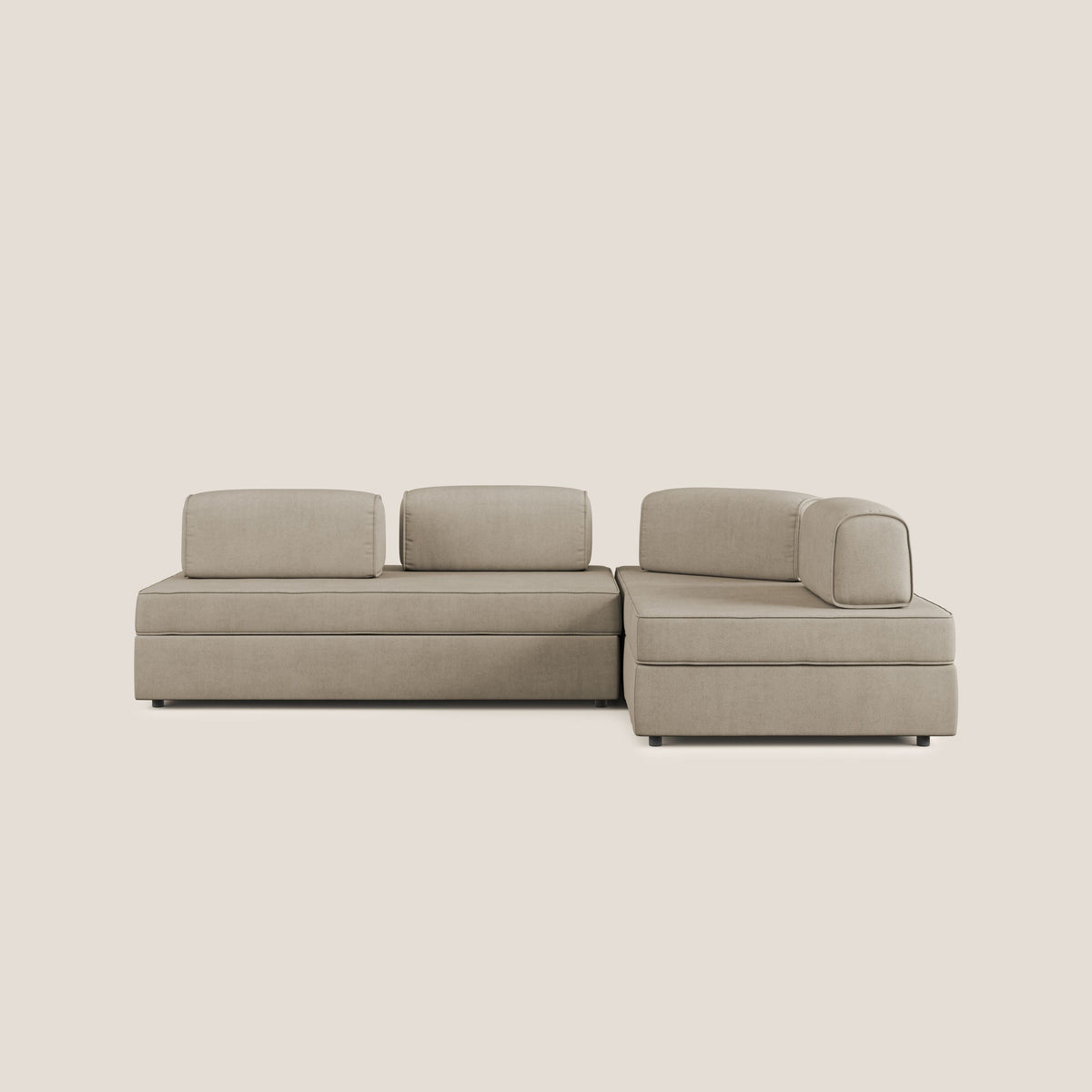 Liberty divano angolare con pouf estraibile e schienali movibili in tessuto morbido impermeabile T02 beige - divitt.sbs