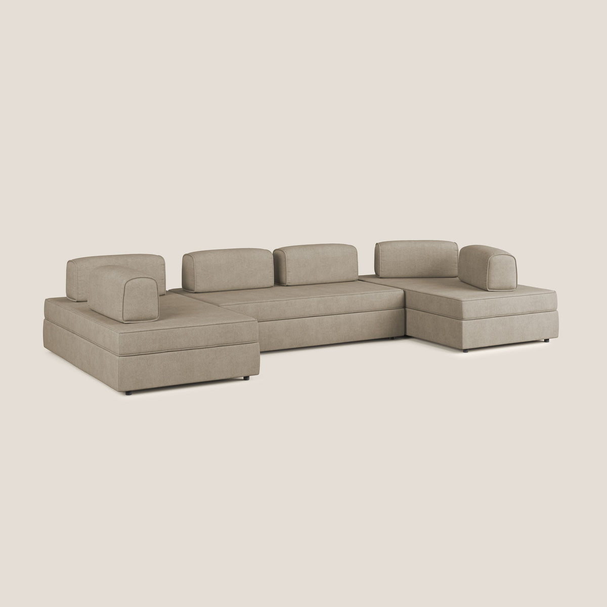 Liberty divano panoramico con pouf estraibile e schienali movibili in tessuto morbido impermeabile T02 beige - divitt.sbs