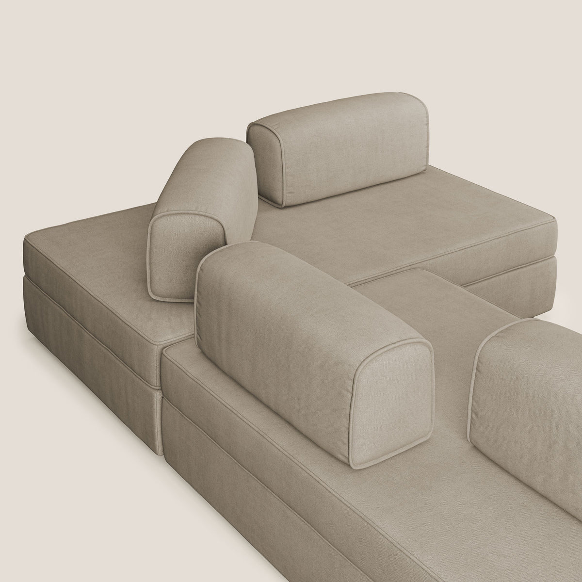 Liberty divano angolare con pouf estraibile e schienali movibili in tessuto morbido impermeabile T02 beige - divitt.sbs