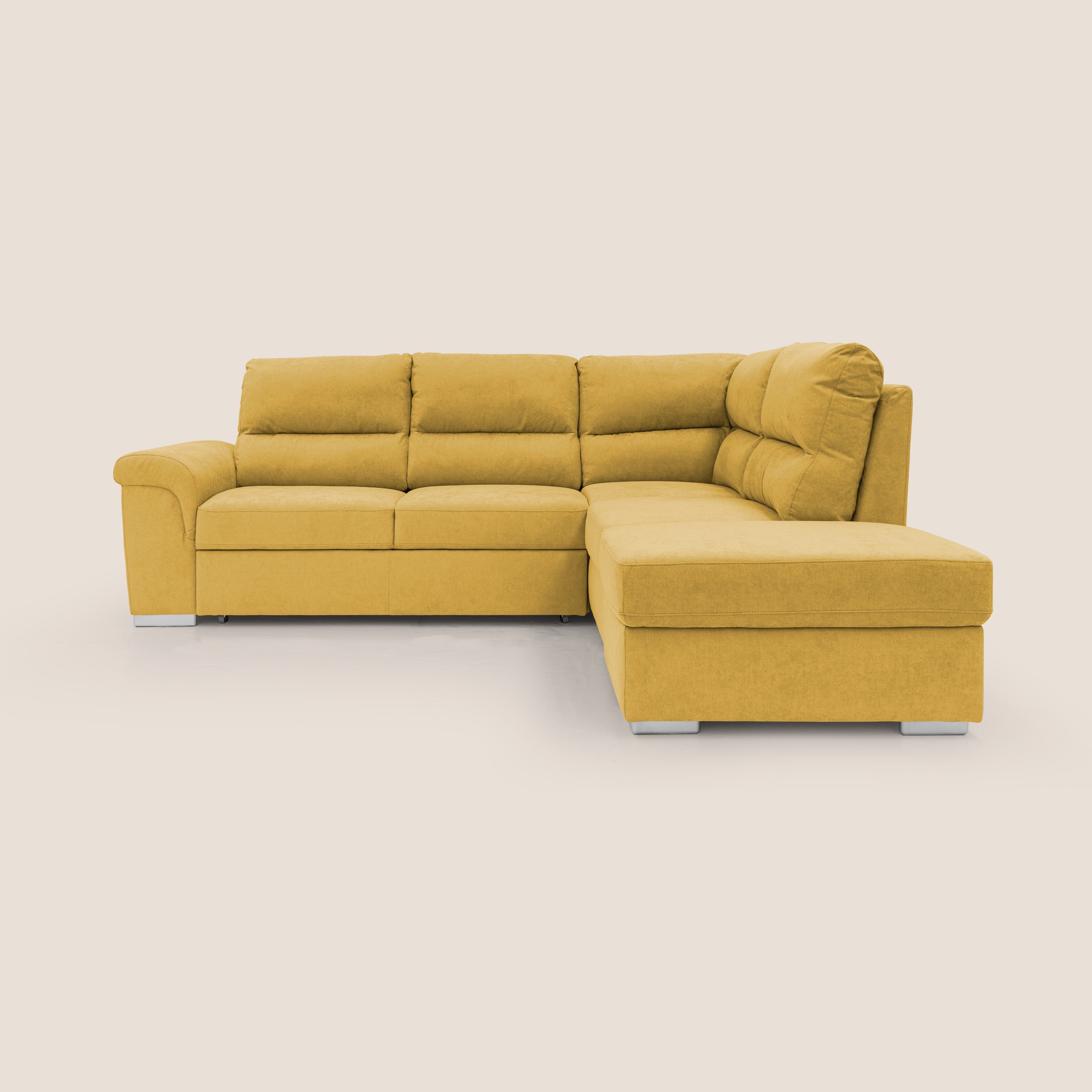 Minerva divano angolare con estraibile a cassettone e pouf contenitore in tessuto morbido impermeabile T02 giallo - divitt.sbs