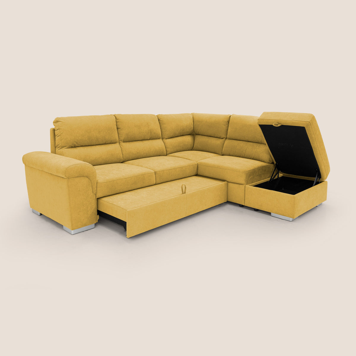 Minerva divano angolare con estraibile a cassettone e pouf contenitore in tessuto morbido impermeabile T02 giallo - divitt.sbs