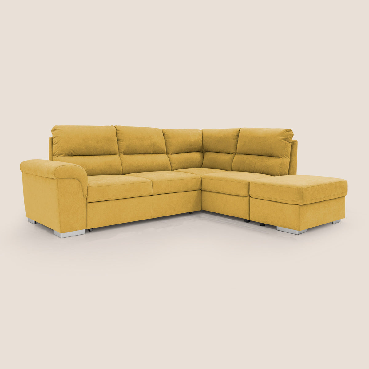 Minerva divano angolare con estraibile a cassettone e pouf contenitore in tessuto morbido impermeabile T02 giallo - divitt.sbs