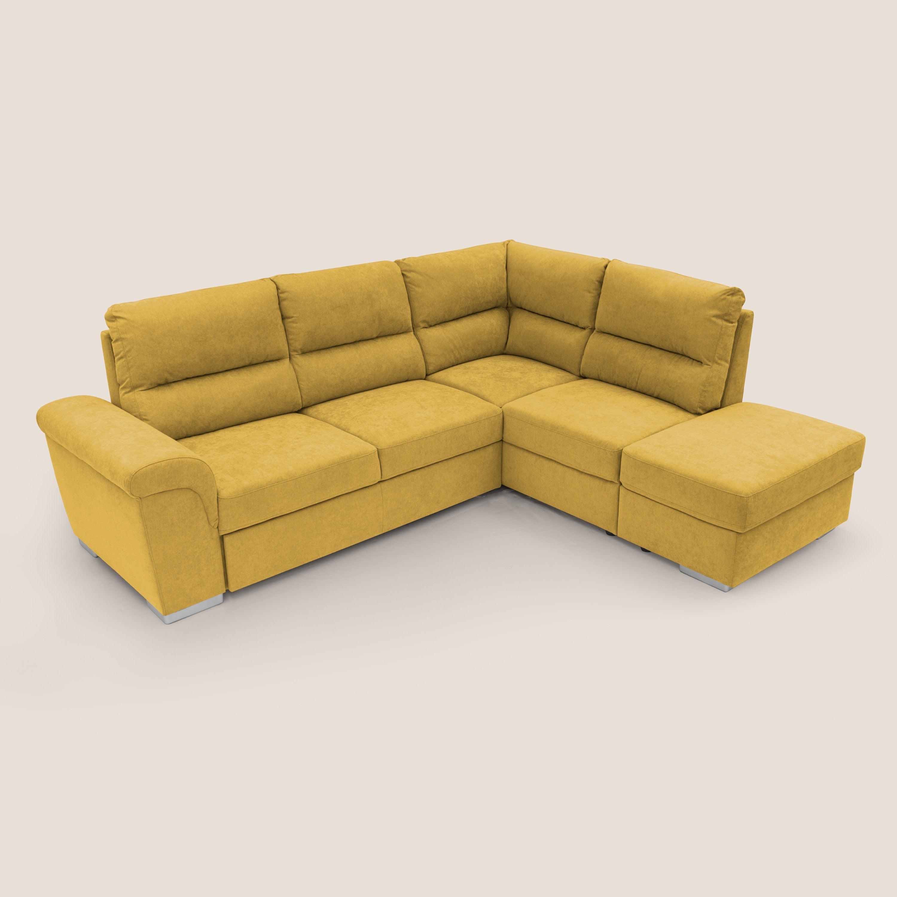Minerva divano angolare con estraibile a cassettone e pouf contenitore in tessuto morbido impermeabile T02 giallo - divitt.sbs