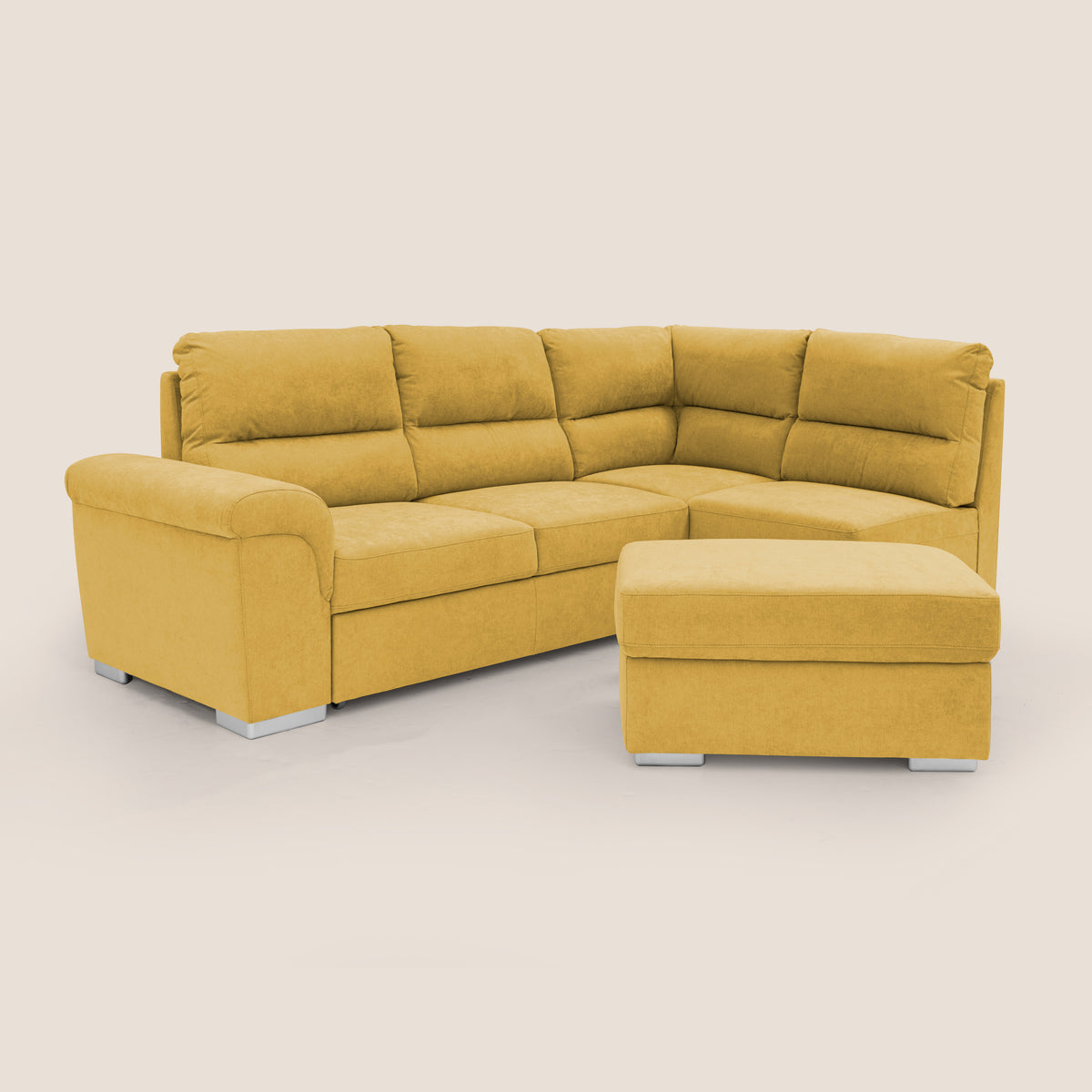 Minerva divano angolare con estraibile a cassettone e pouf contenitore in tessuto morbido impermeabile T02 giallo - divitt.sbs