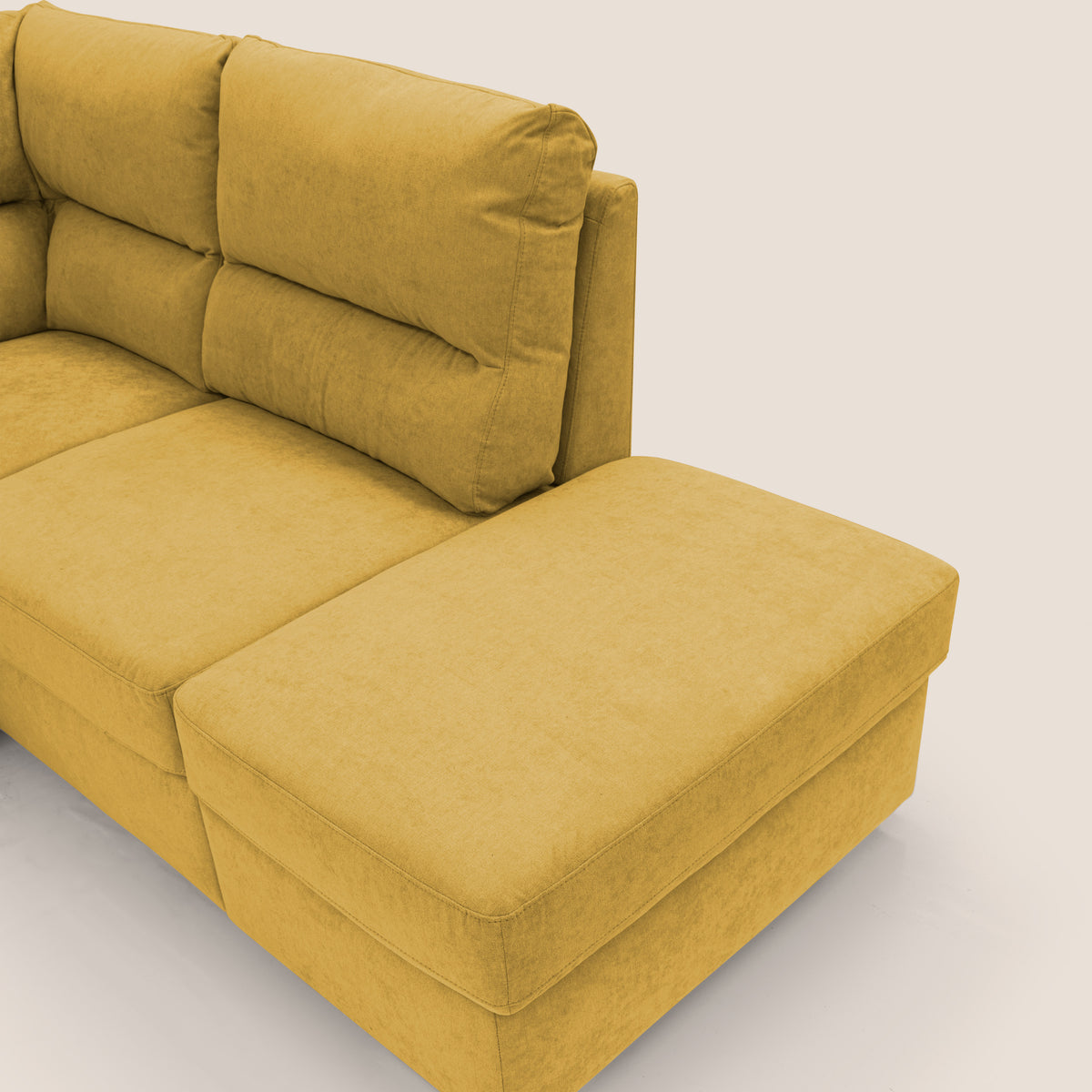 Minerva divano angolare con estraibile a cassettone e pouf contenitore in tessuto morbido impermeabile T02 giallo - divitt.sbs