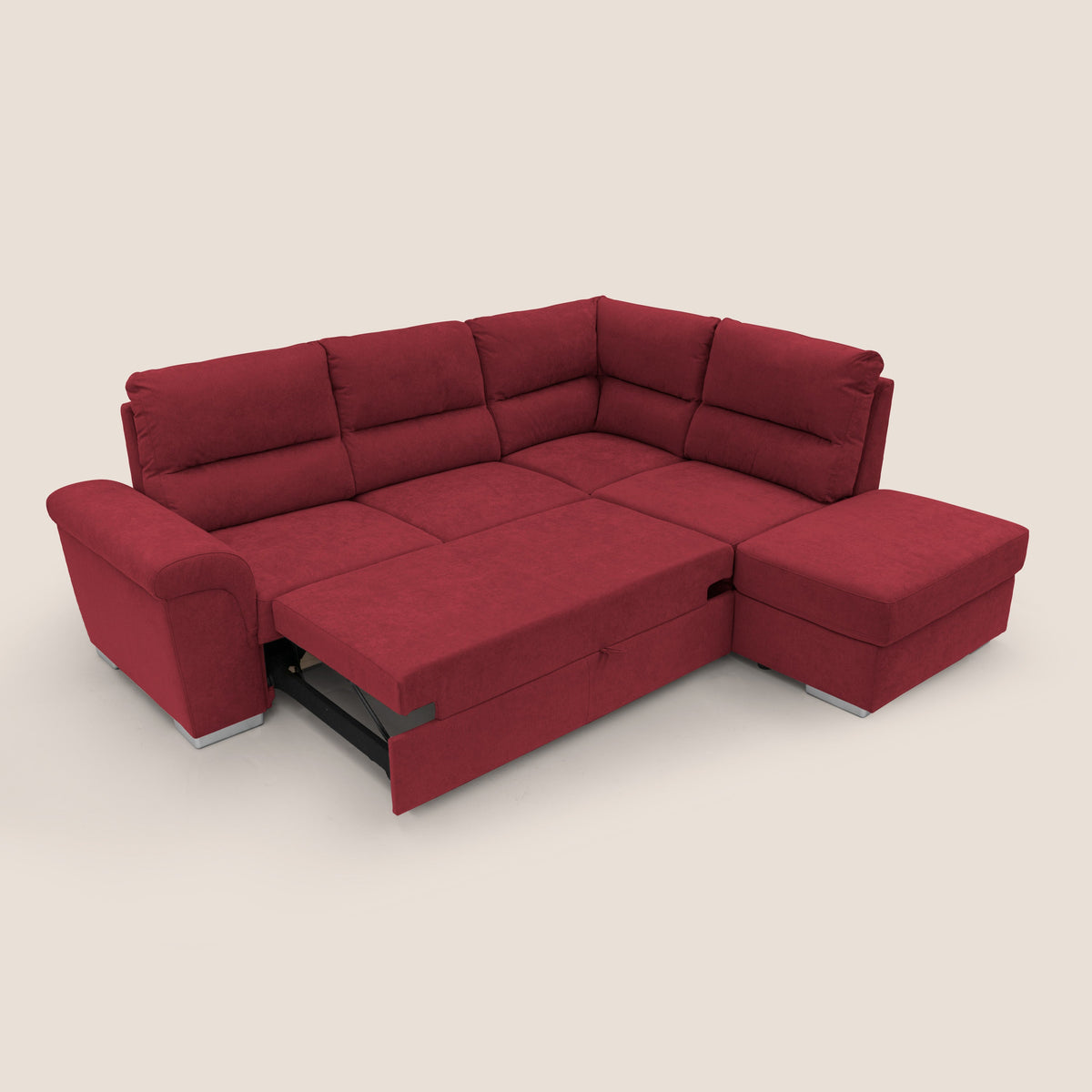 Minerva divano angolare con estraibile a cassettone e pouf contenitore in tessuto morbido impermeabile T02 rosso - divitt.sbs