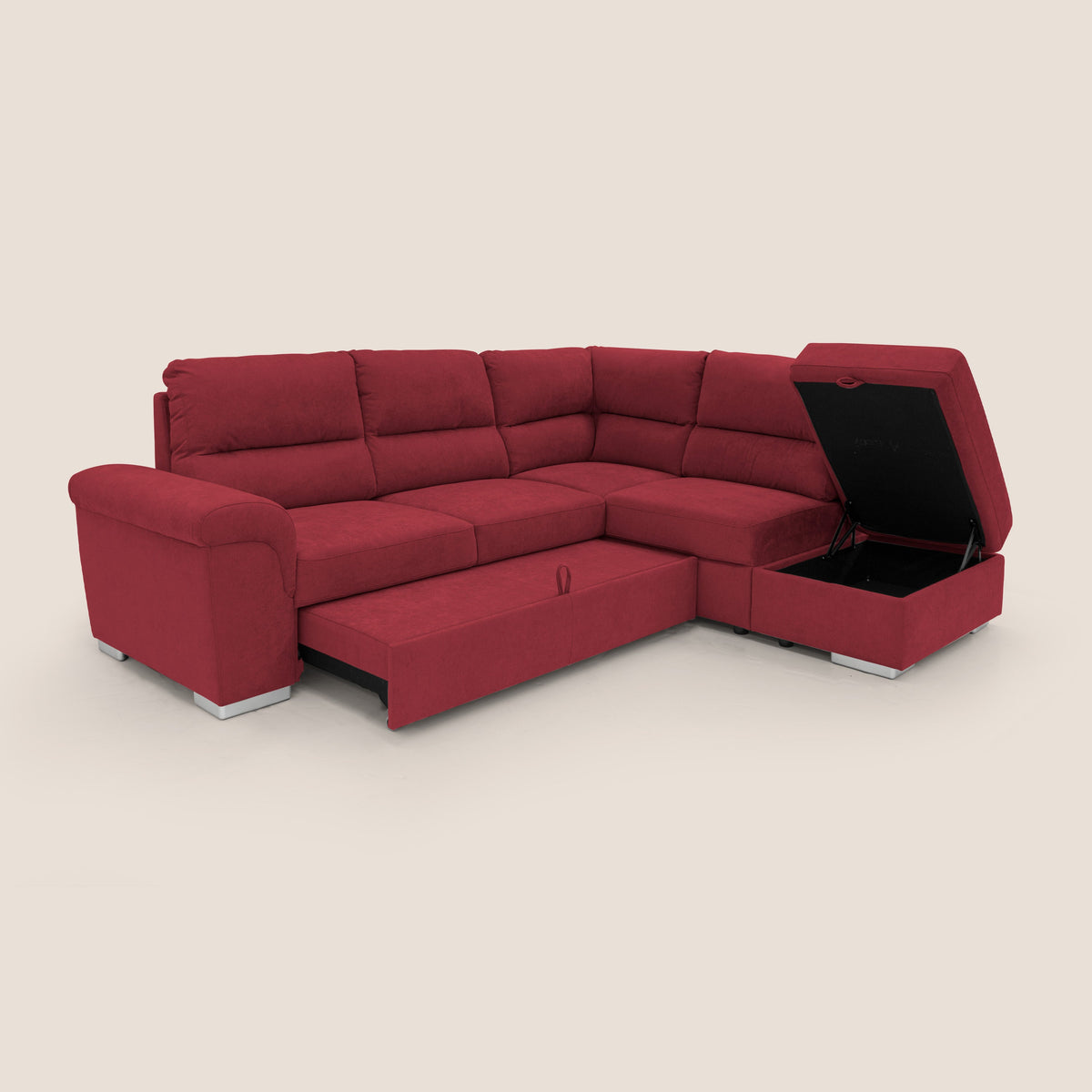 Minerva divano angolare con estraibile a cassettone e pouf contenitore in tessuto morbido impermeabile T02 rosso - divitt.sbs